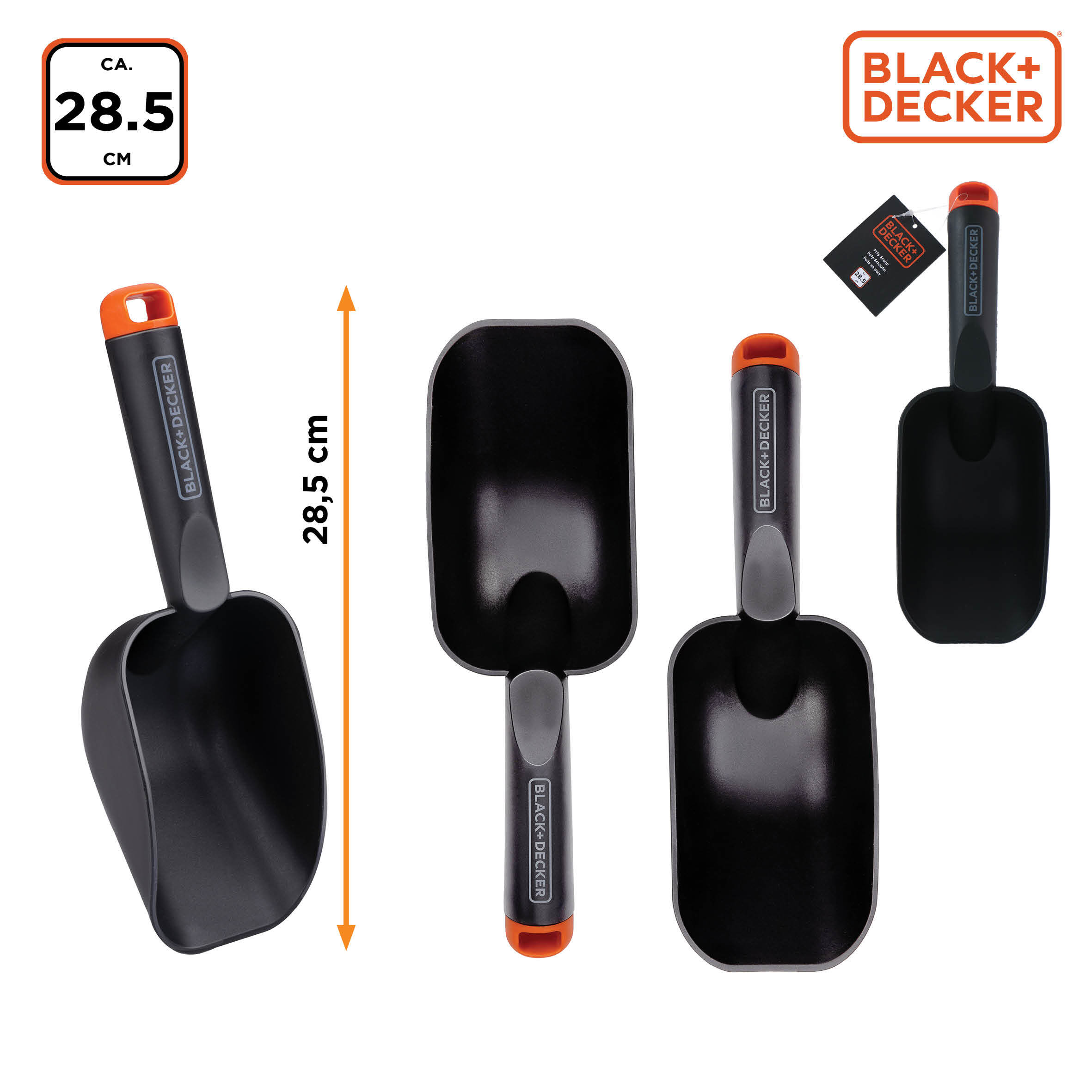 Three black BLACK+DECKER scoops, two with orange handles, on white background, dimensions shown.