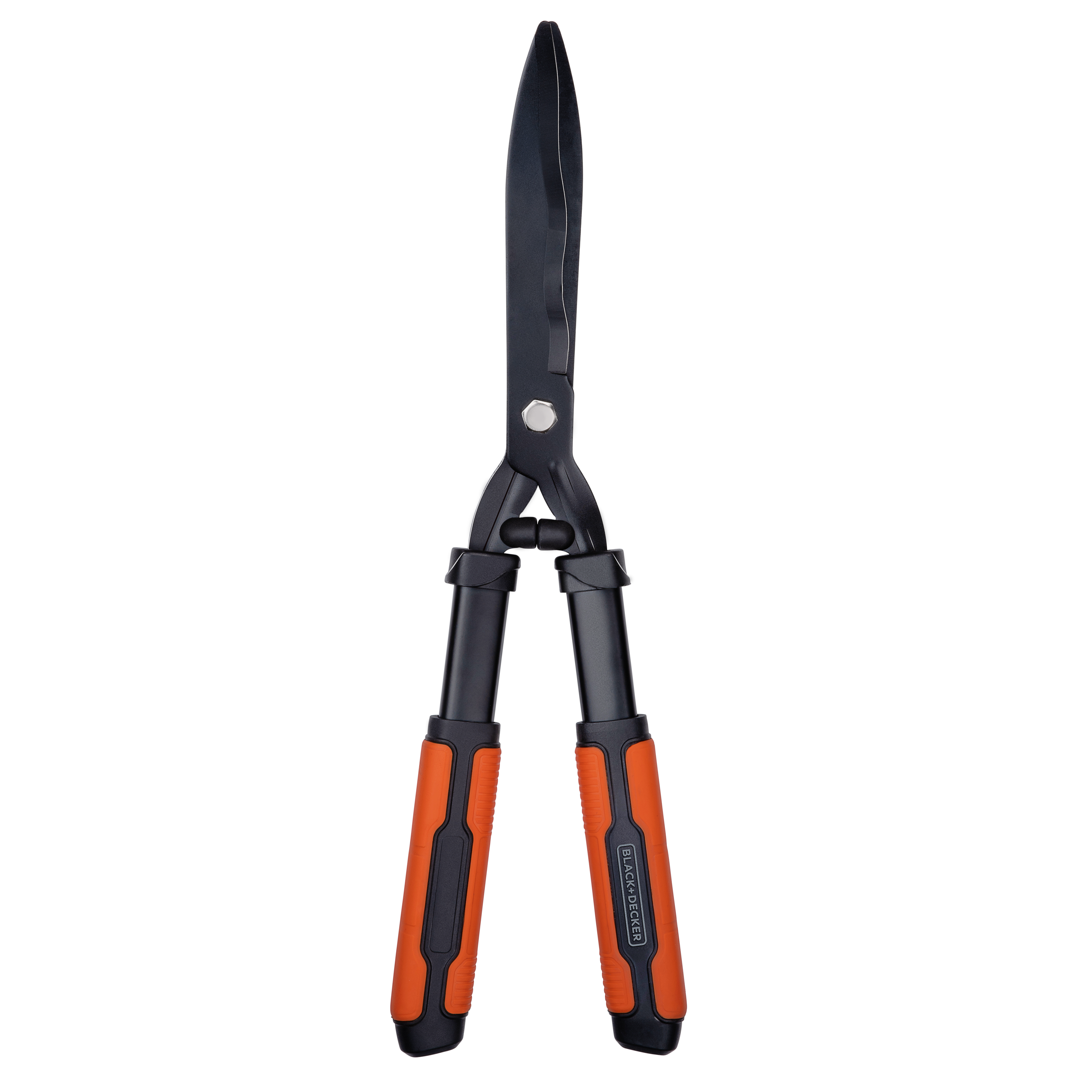 Zwarte en oranje heggenschaar, met open bladen en oranje handvatten. Black Decker merk.