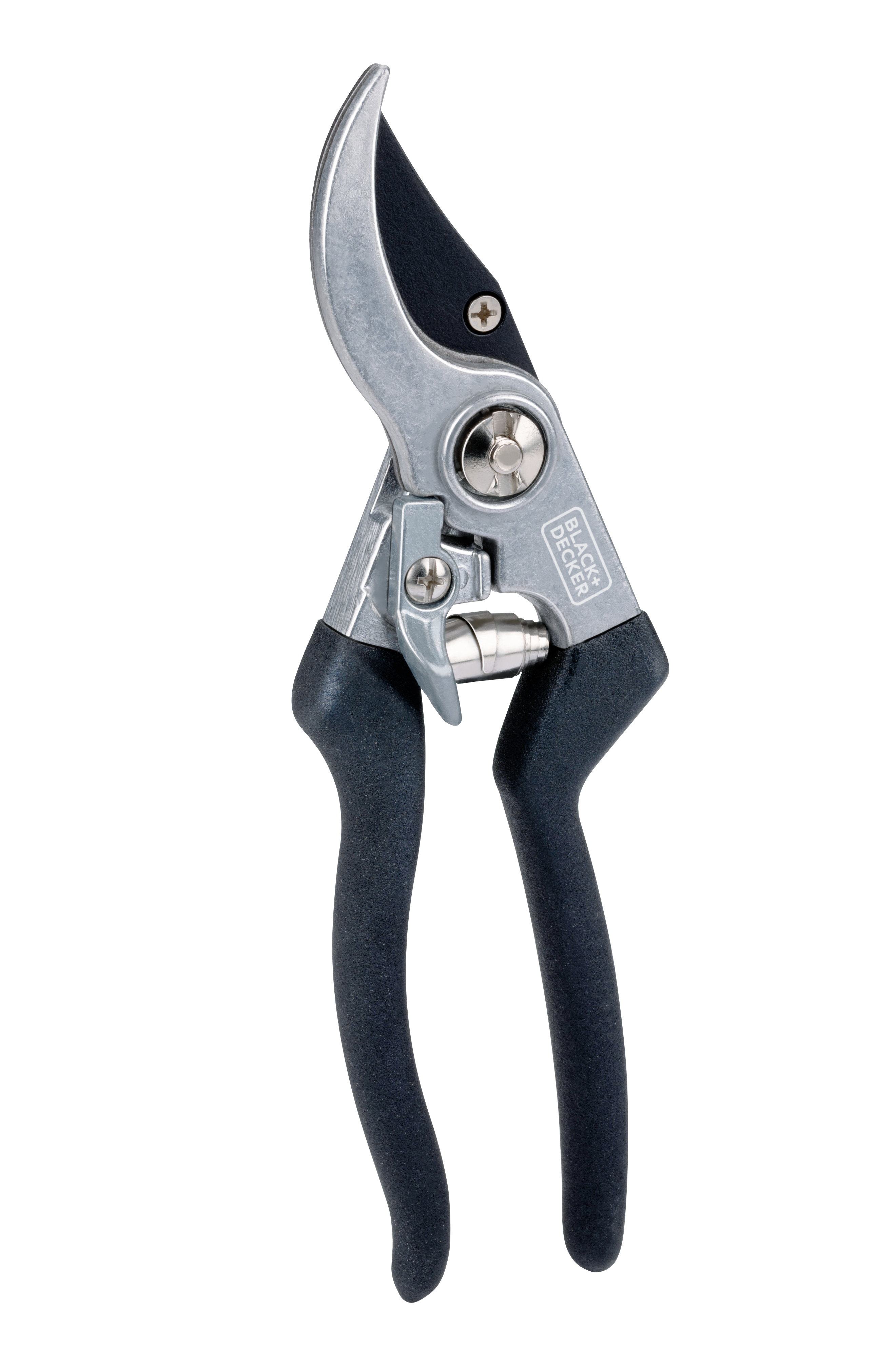 Schwarze und silberne BLACK+DECKER Gartenschere auf weißem Hintergrund.