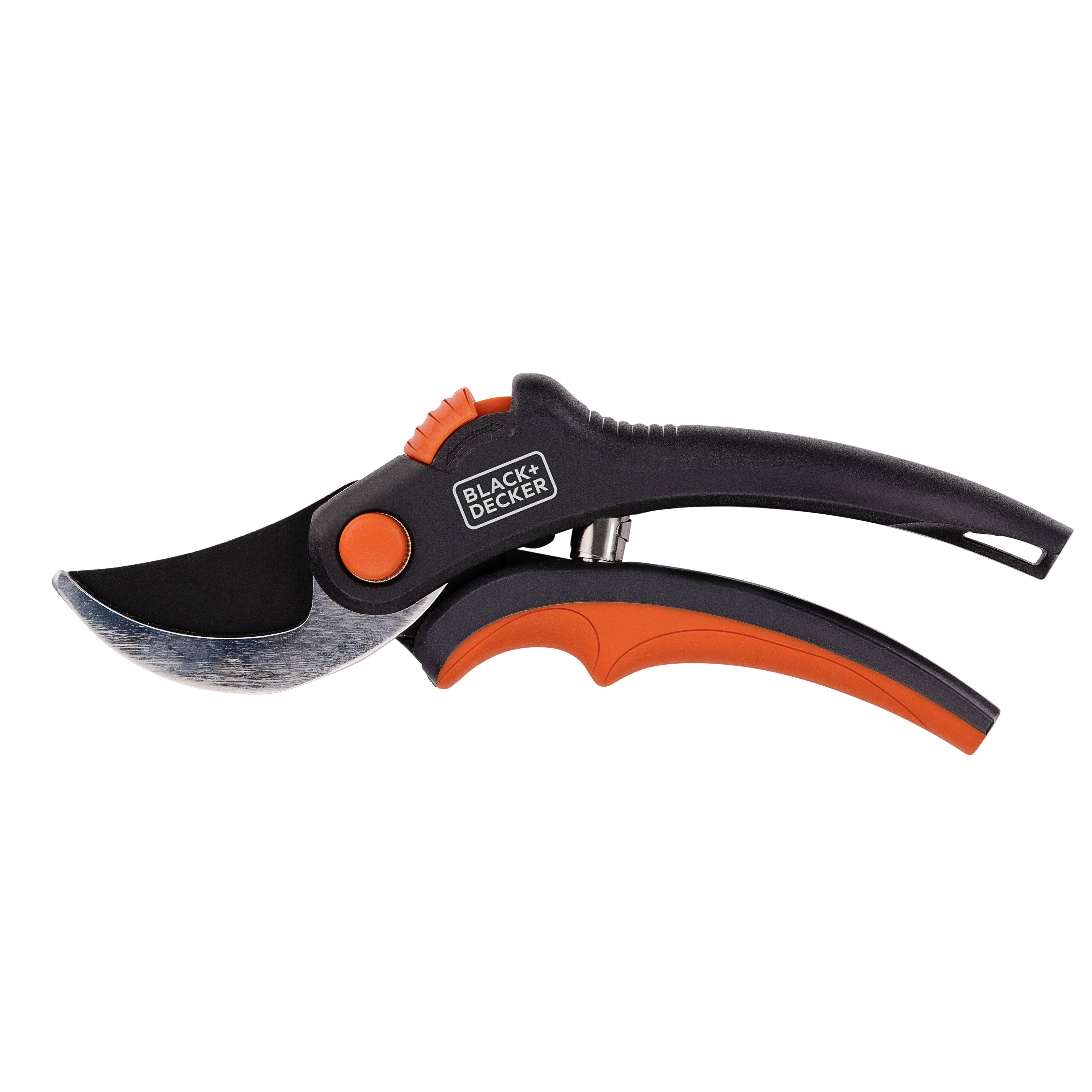 Schwarze und orangefarbene BLACK+DECKER-Gartenschere. Die Klingen sind offen, die Schneide ist sichtbar.