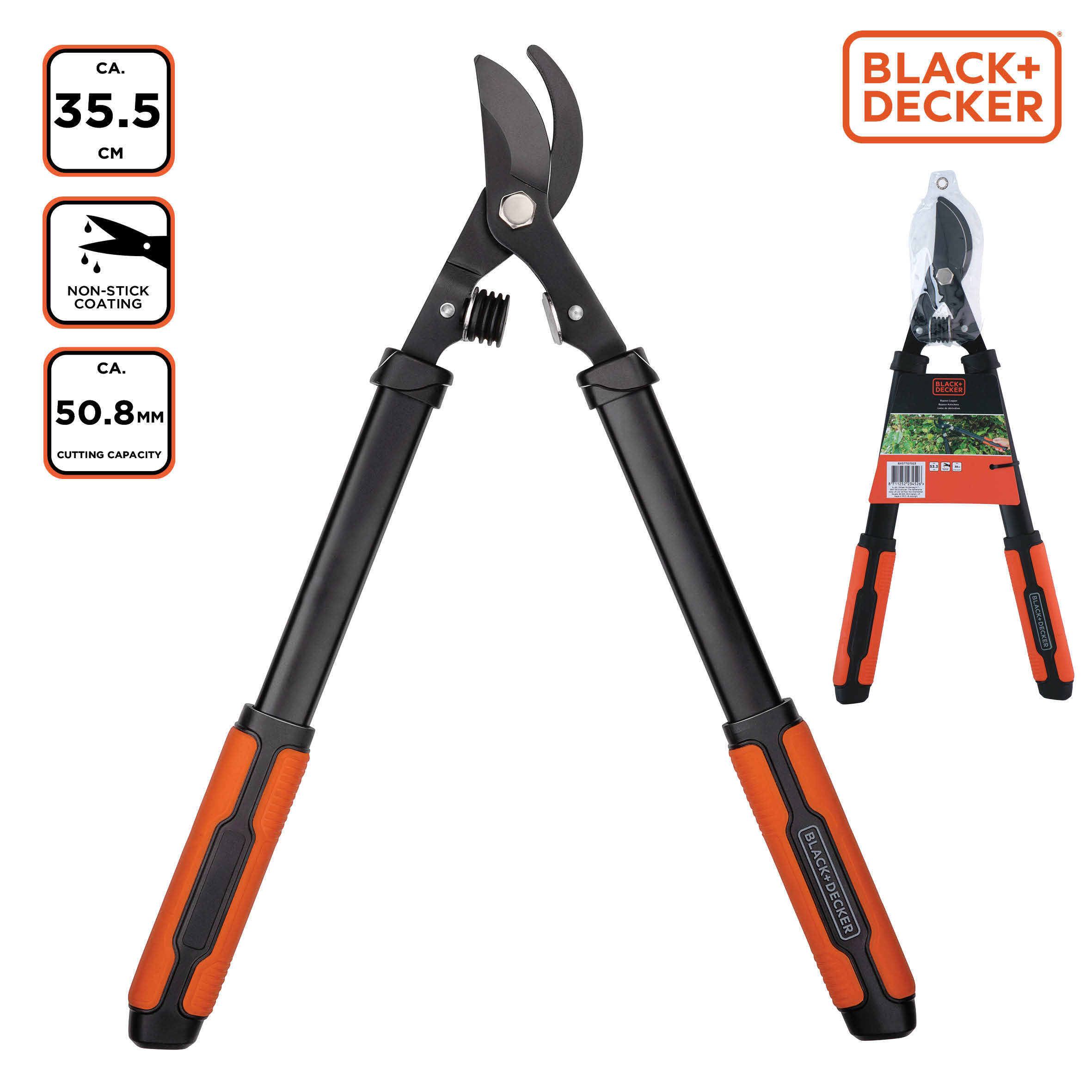 Schwarz-orange Black+Decker Astschere mit Maßangaben und Verpackung.