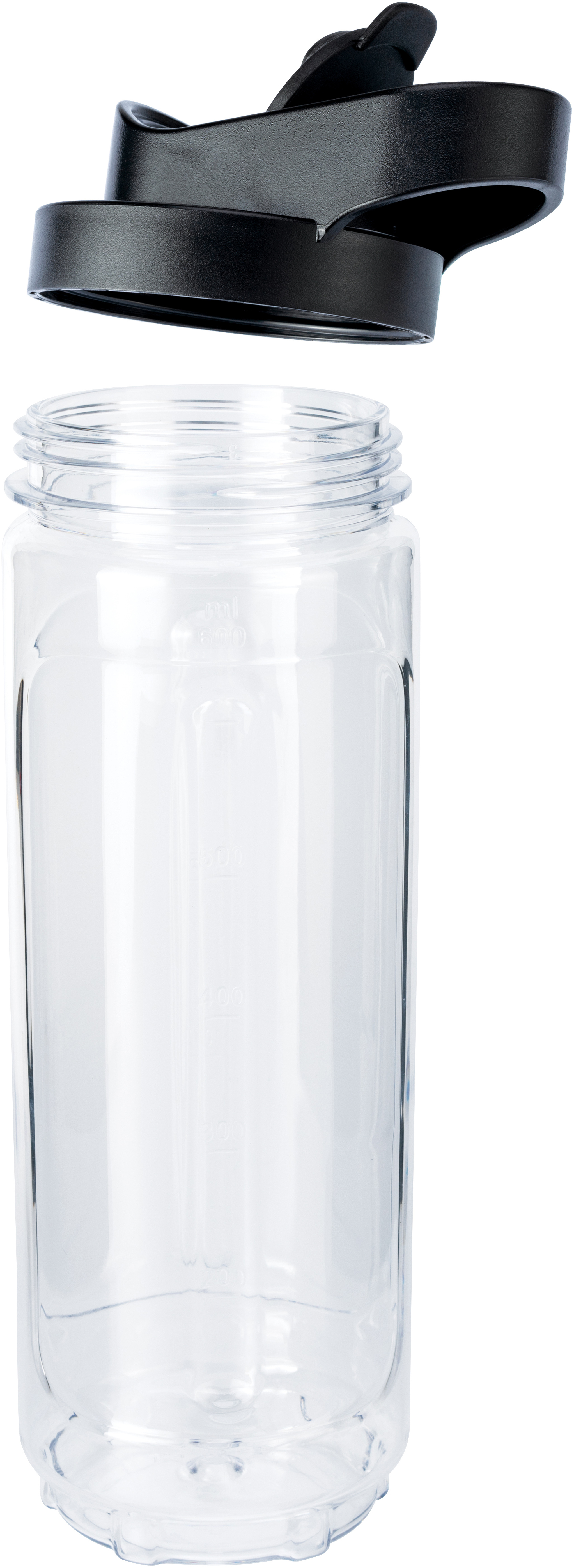 Transparente Plastikwasserflasche mit schwarzem Deckel.