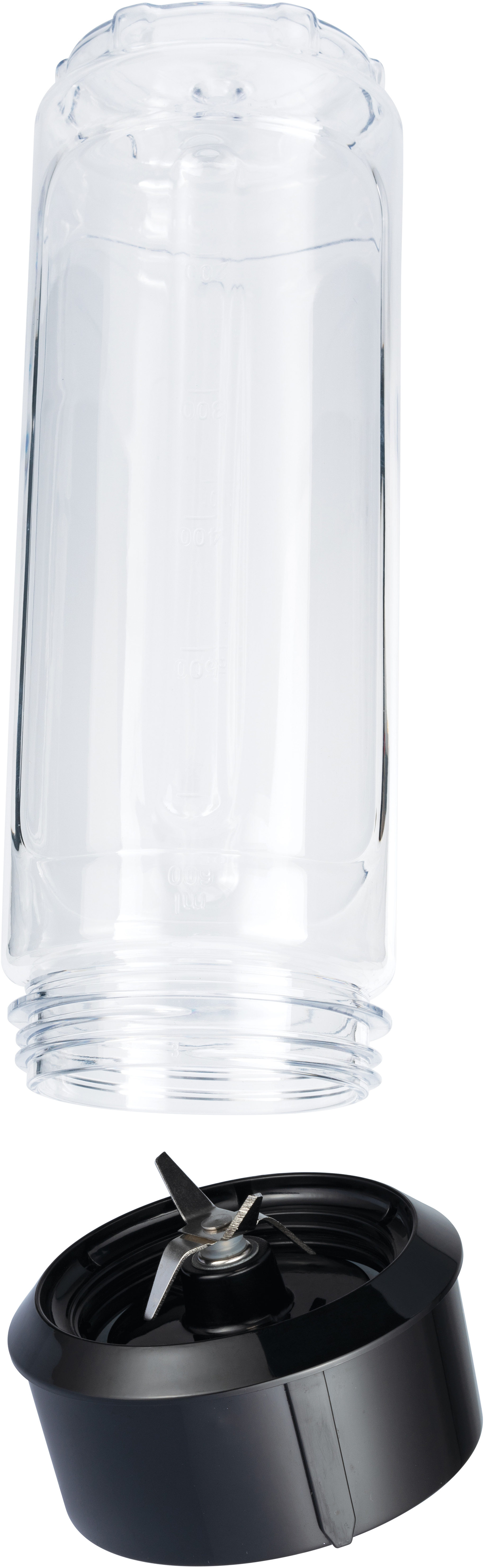 Transparenter Mixbecher und Messeraufsatz auf weißem Hintergrund.