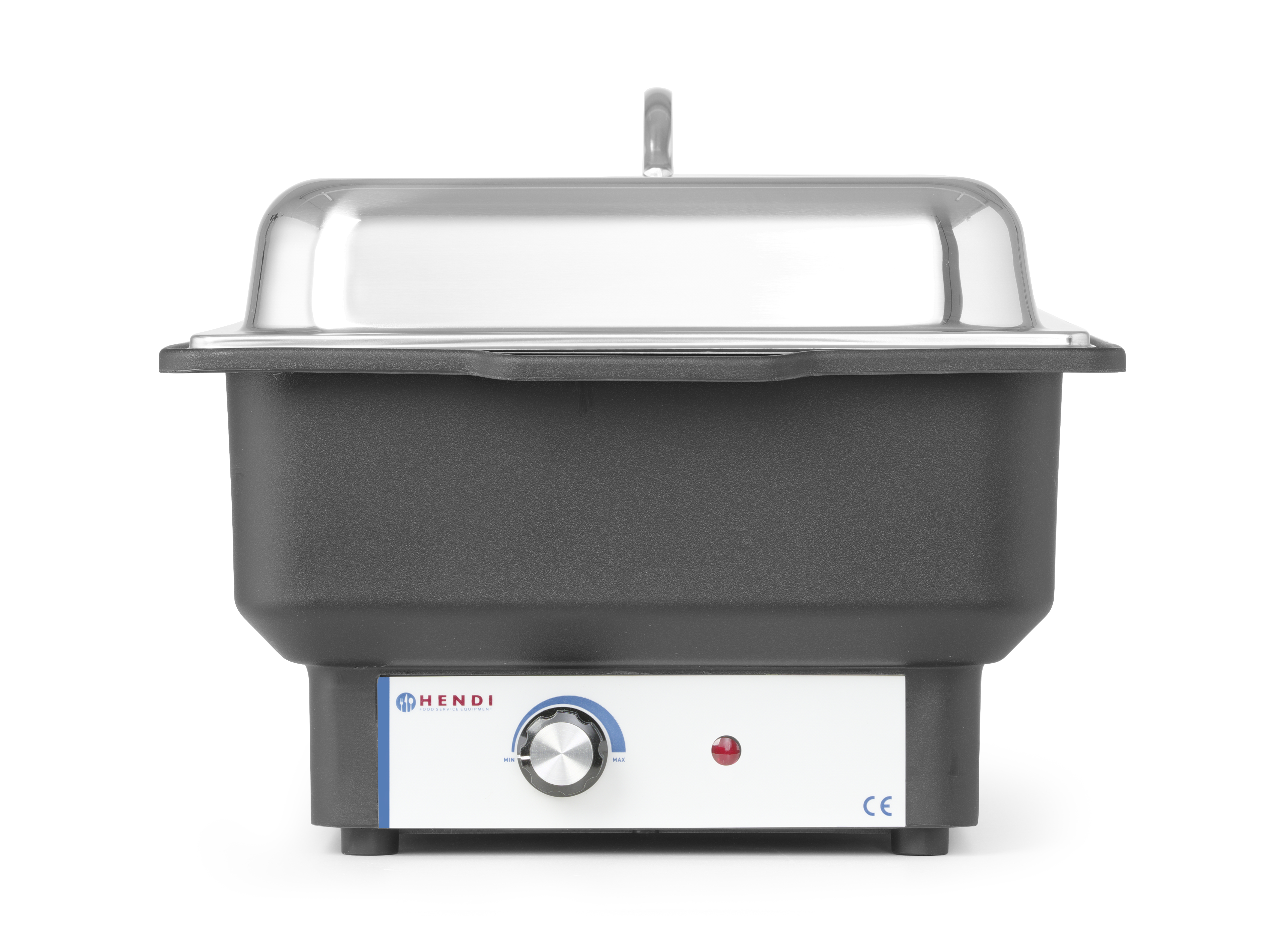 Schwarzer Warmhaltebehälter mit Edelstahl-Deckel. Mit Drehknopf und roter Kontrollleuchte.