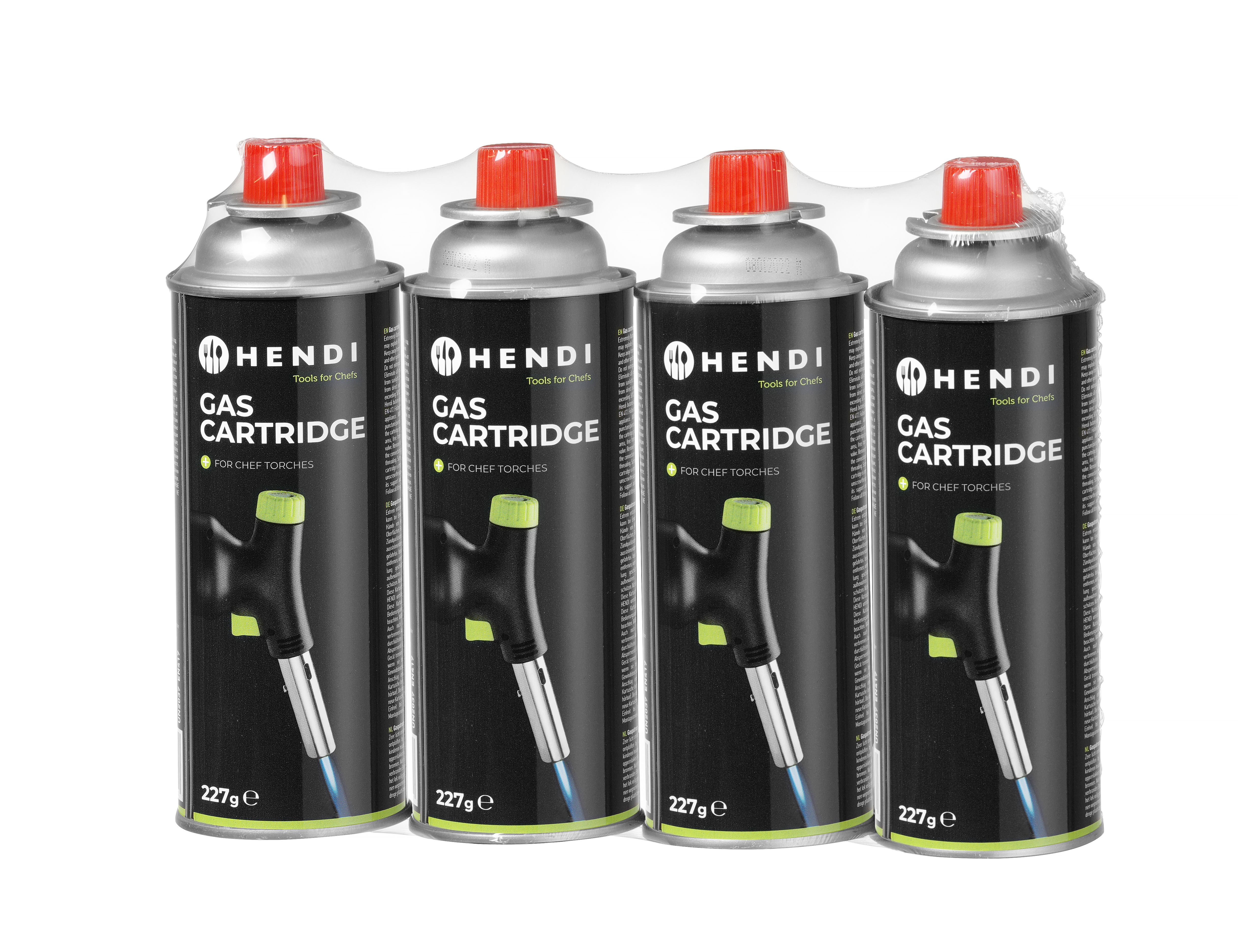 Quattro cartucce di gas per torce da chef, in confezione di plastica sigillata su bianco.