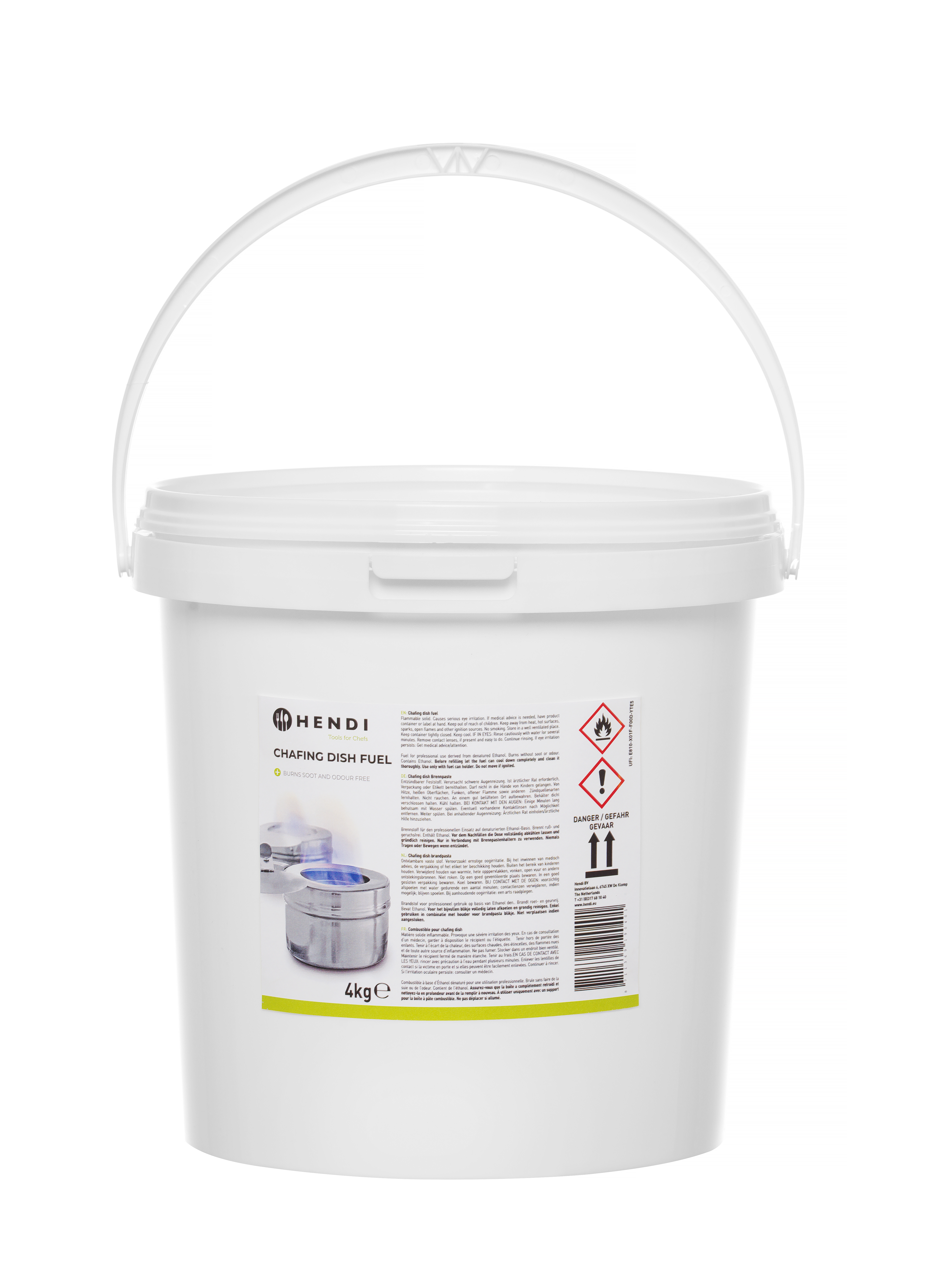 Secchio bianco con manico bianco. Il secchio ha un'etichetta con testo e simboli di avvertimento.