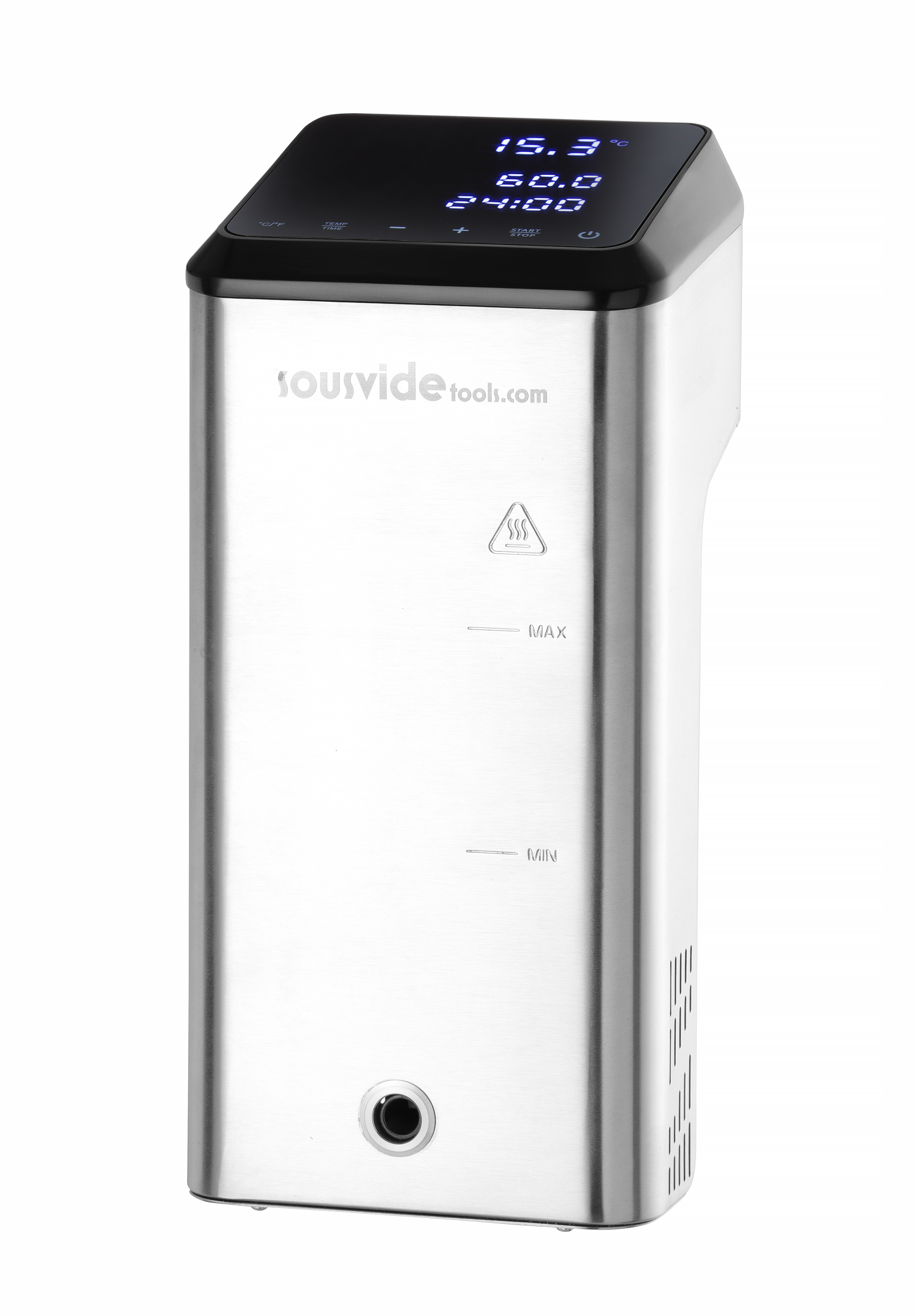 Ein Sous-Vide-Gerät aus Edelstahl mit schwarzer Oberseite, Display und Wasserstandsanzeige.