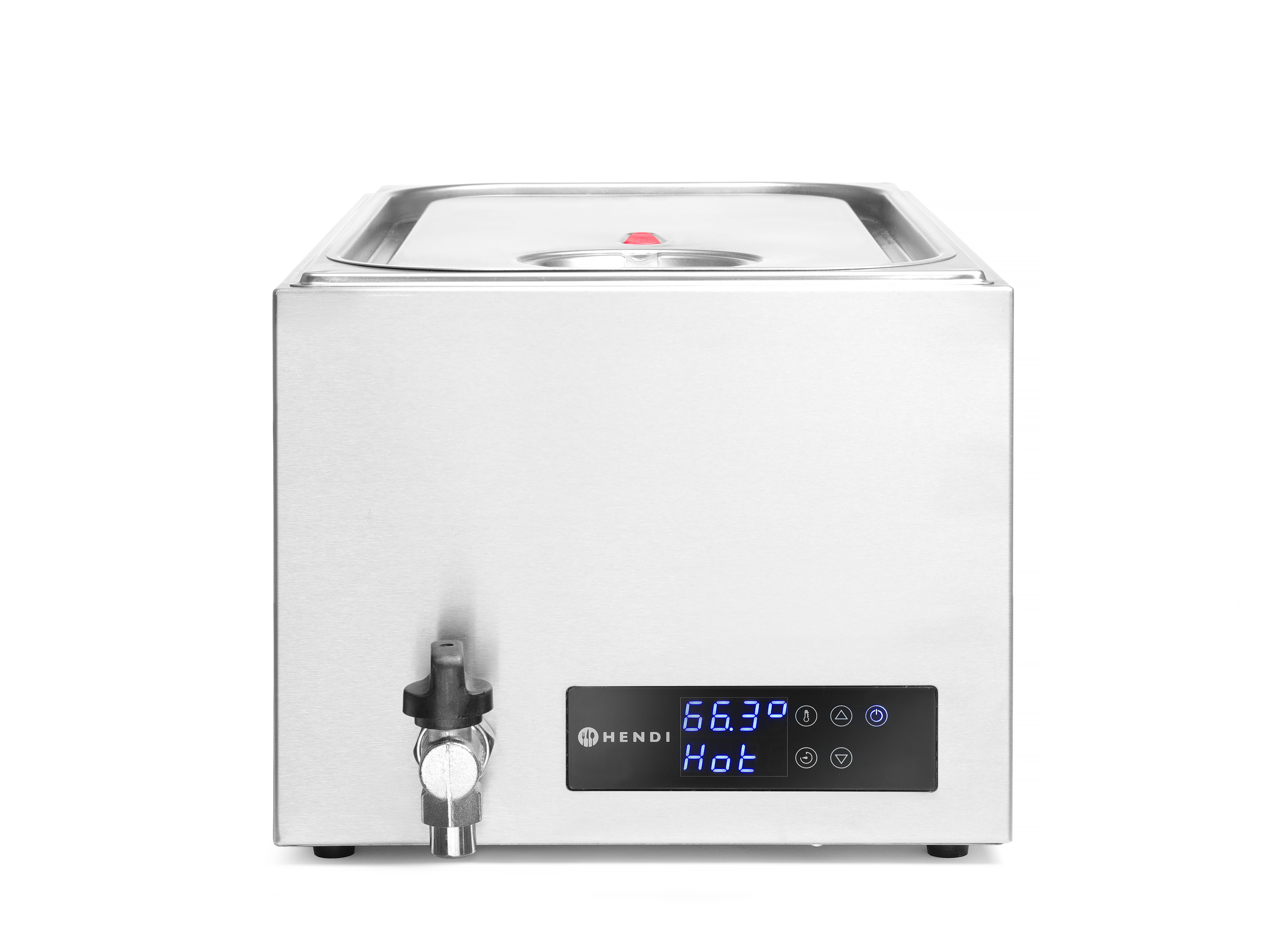 Una macchina sous vide in acciaio inossidabile con display digitale, valvola e coperchio.