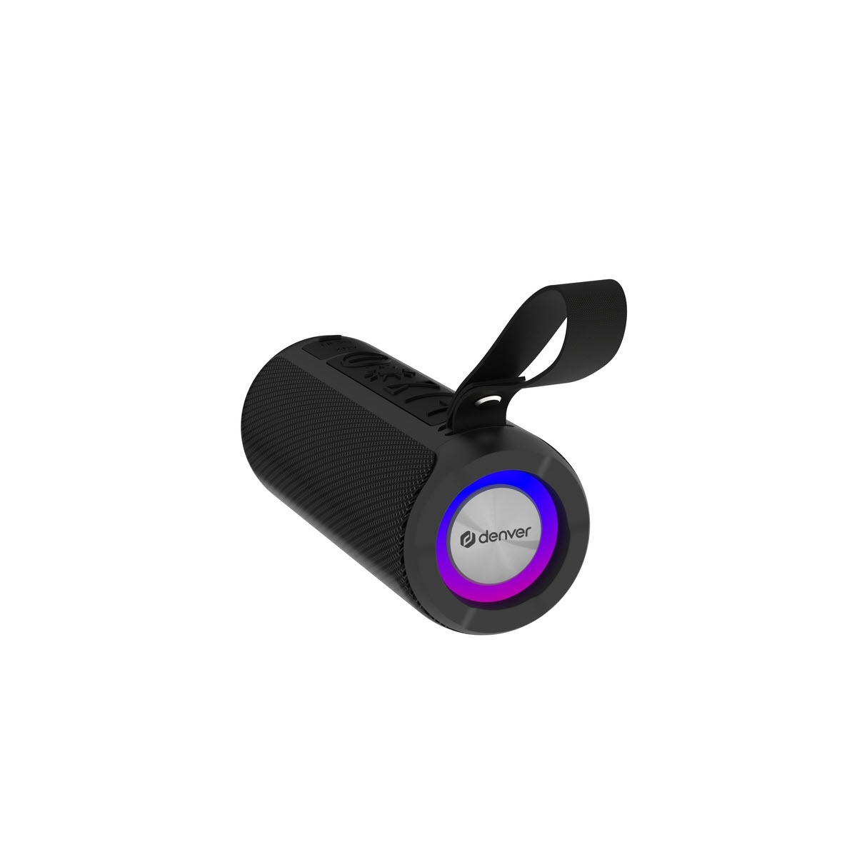 Czarny głośnik cylindryczny z uchwytem pętelkowym. Głośnik ma kolorowy pierścień świetlny na końcu.