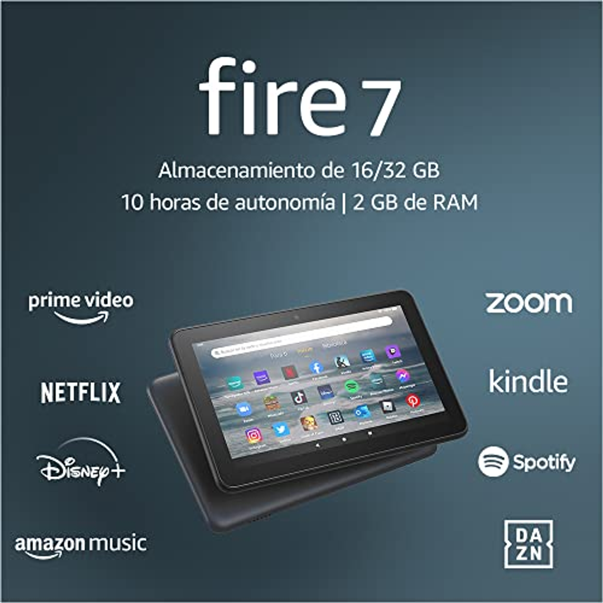 Tablet Fire 7 con loghi di app e testo. Mostra Amazon, Netflix e altro. Sfondo scuro.