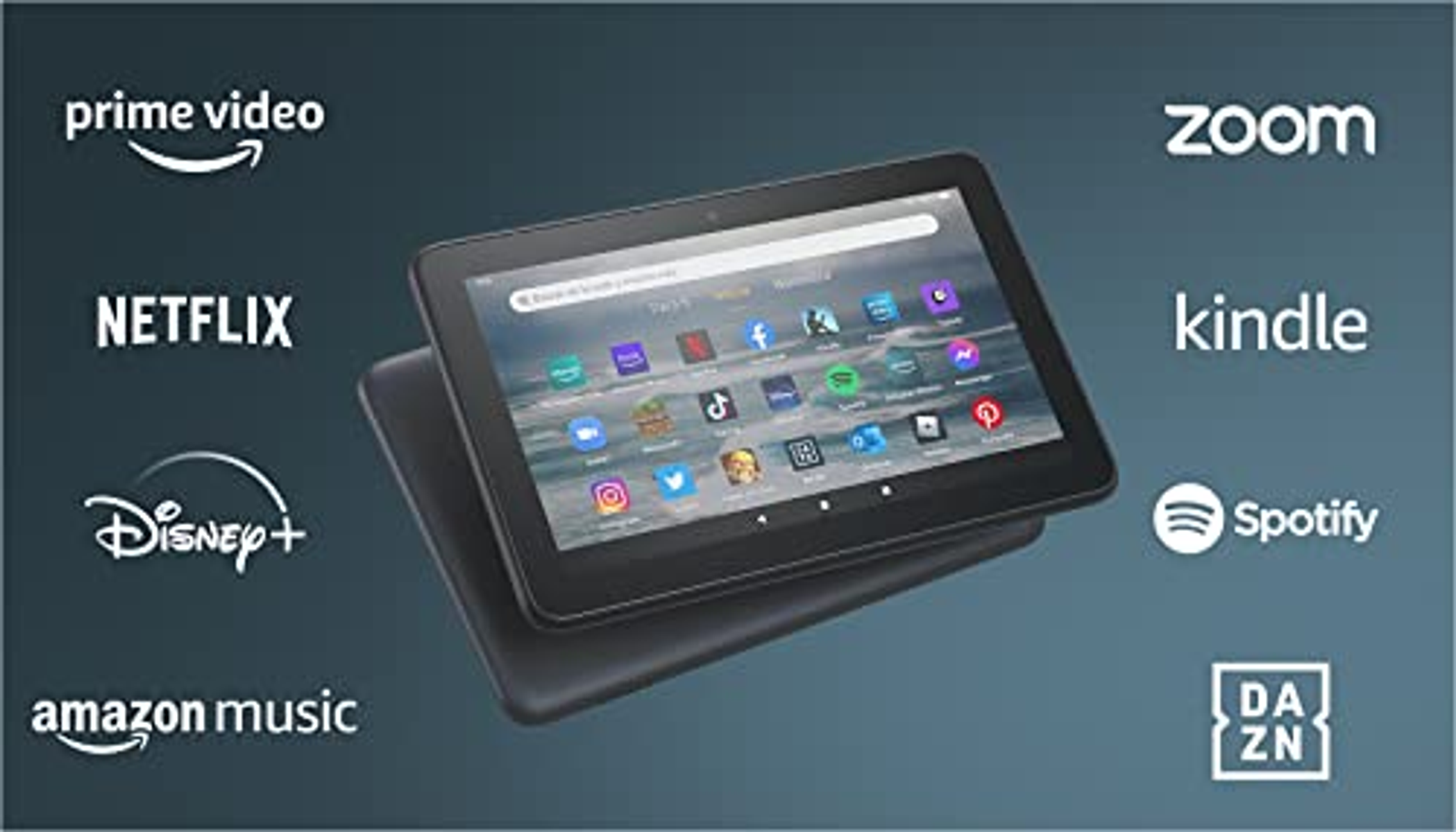Tablet con icone app. Prime Video, Netflix, Disney+, Amazon Music, Zoom, Kindle, Spotify, DAZN.