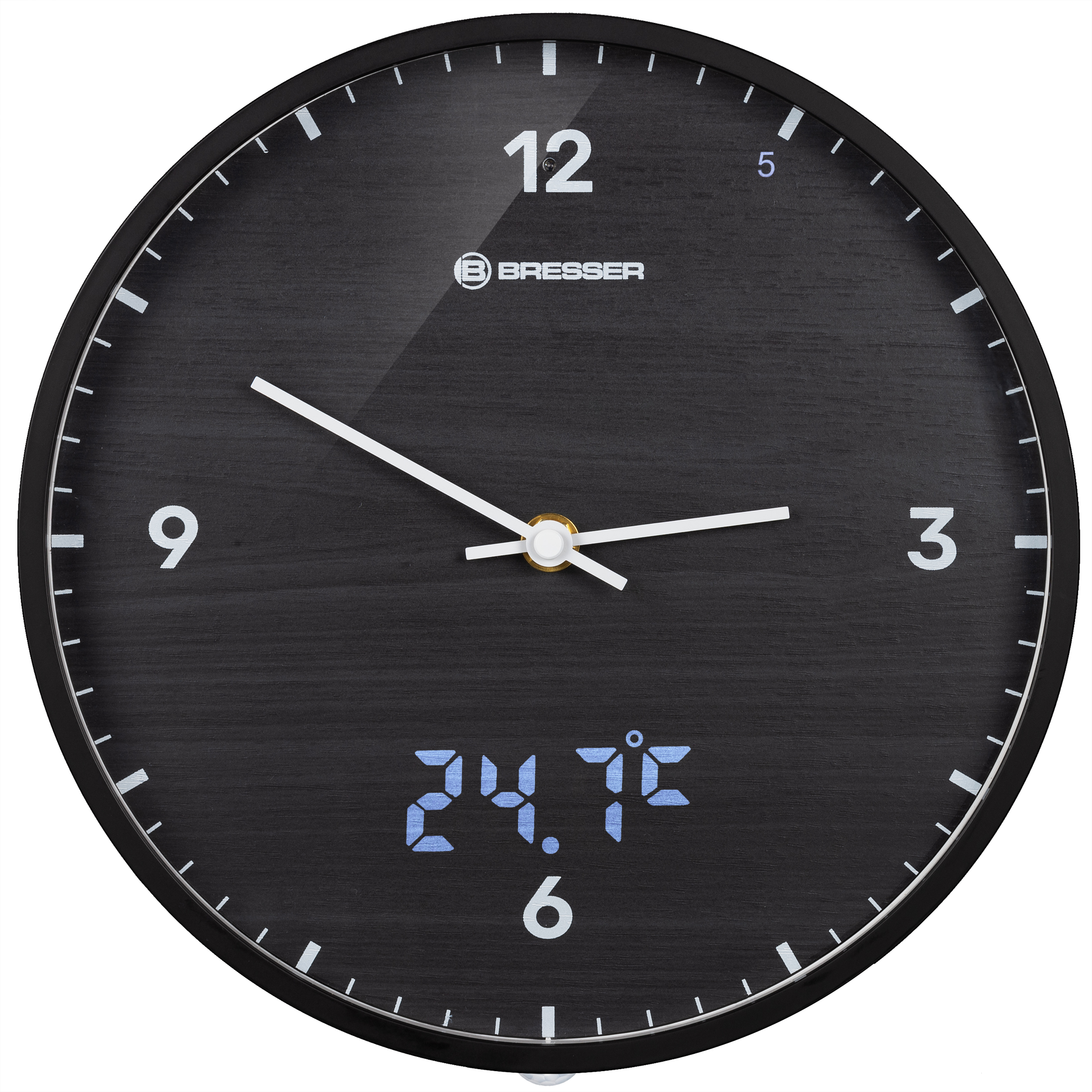 Reloj negro con esfera negra. Muestra la hora y la temperatura. Agujas blancas.
