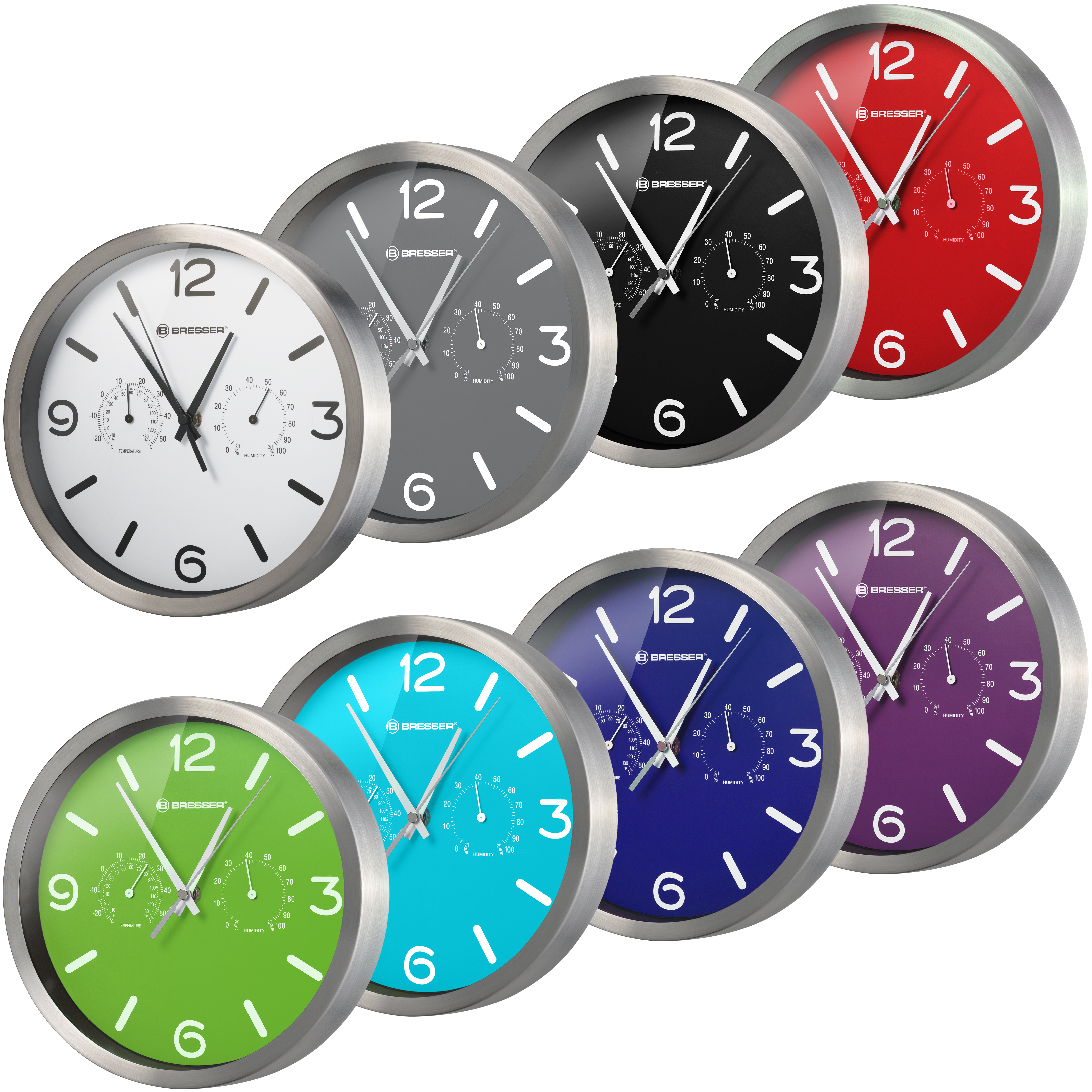 Colección de relojes analógicos con diferentes esferas de color y marcos metálicos, mostrando la hora y la humedad.
