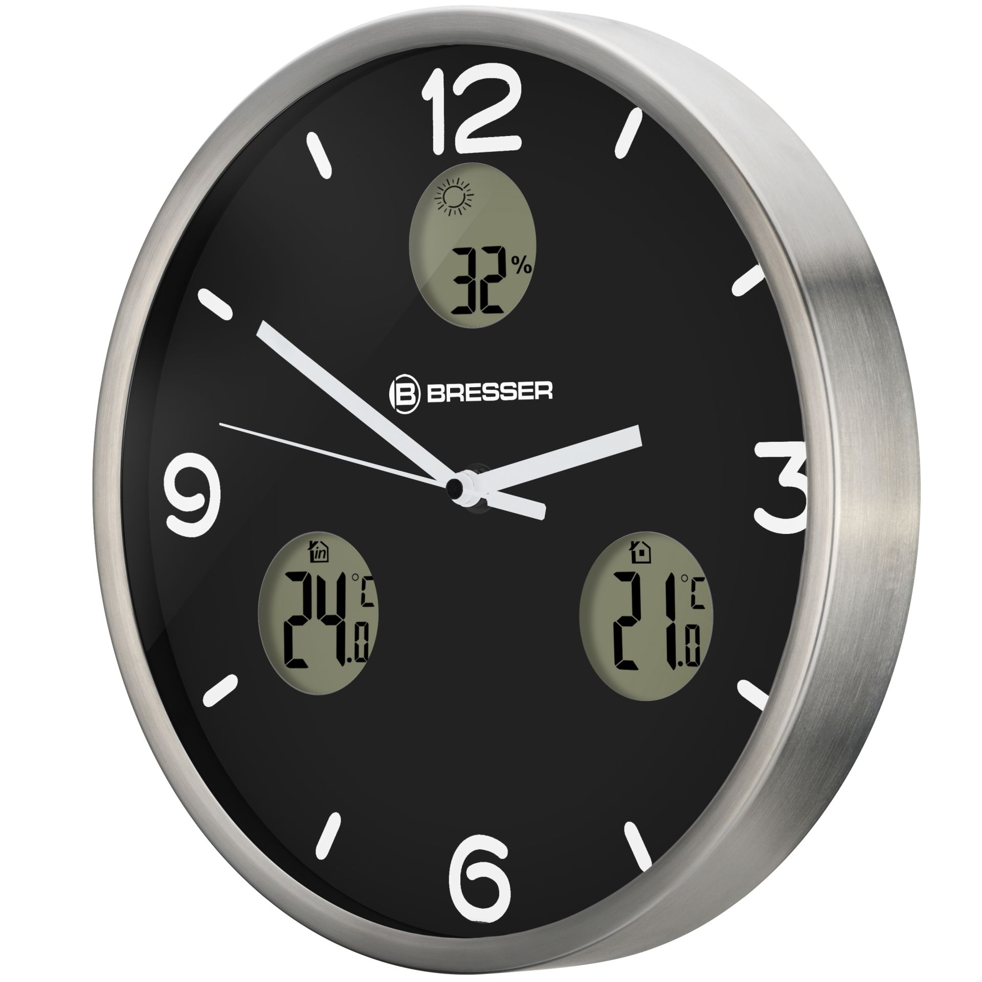 Reloj plateado con esfera negra, números y pantallas digitales que muestran la temperatura y la humedad.