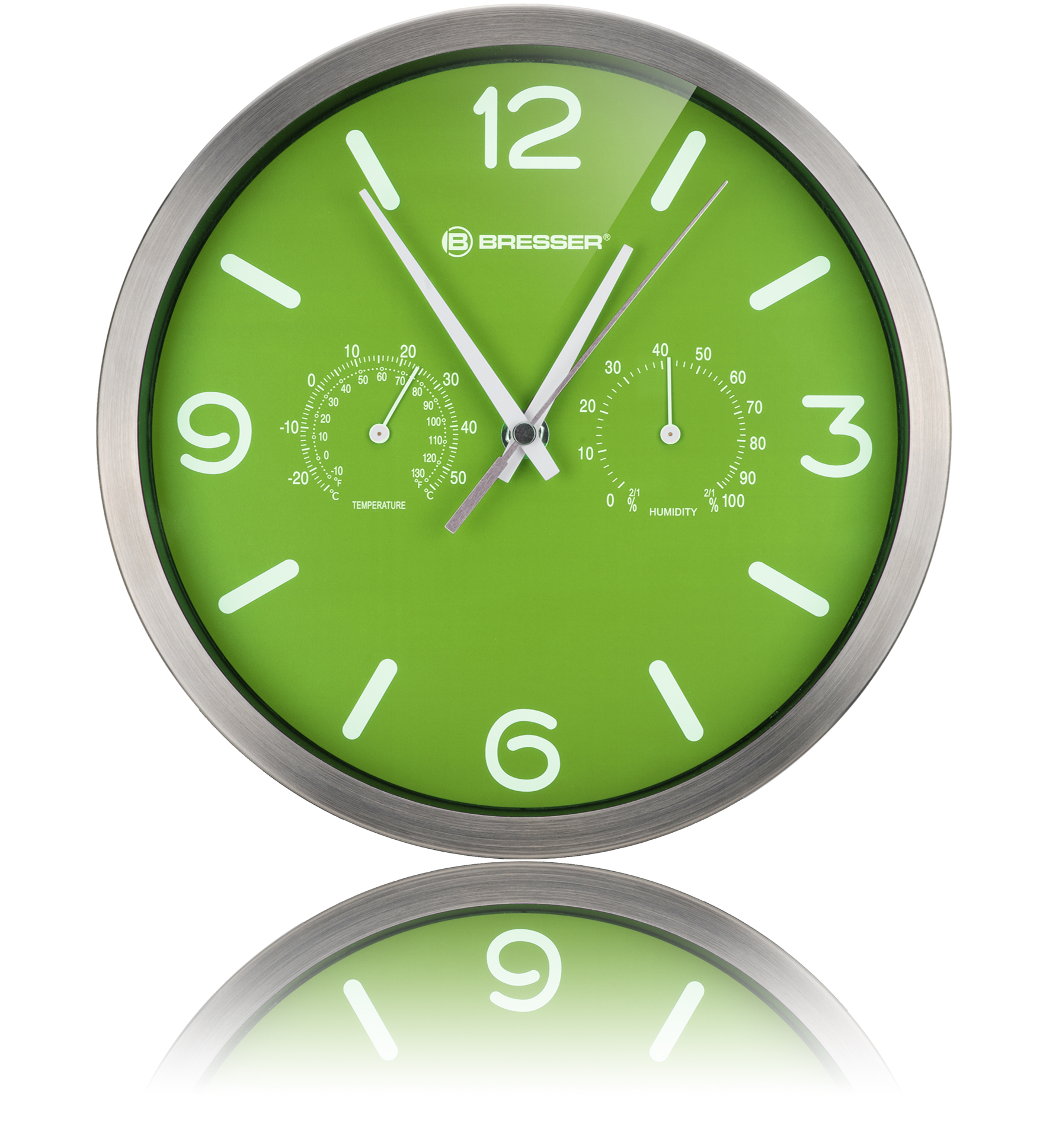 Eine grüne Uhr mit weißen Zahlen und Zeigern. Sie hat auch Temperatur- und Feuchtigkeitsanzeigen.