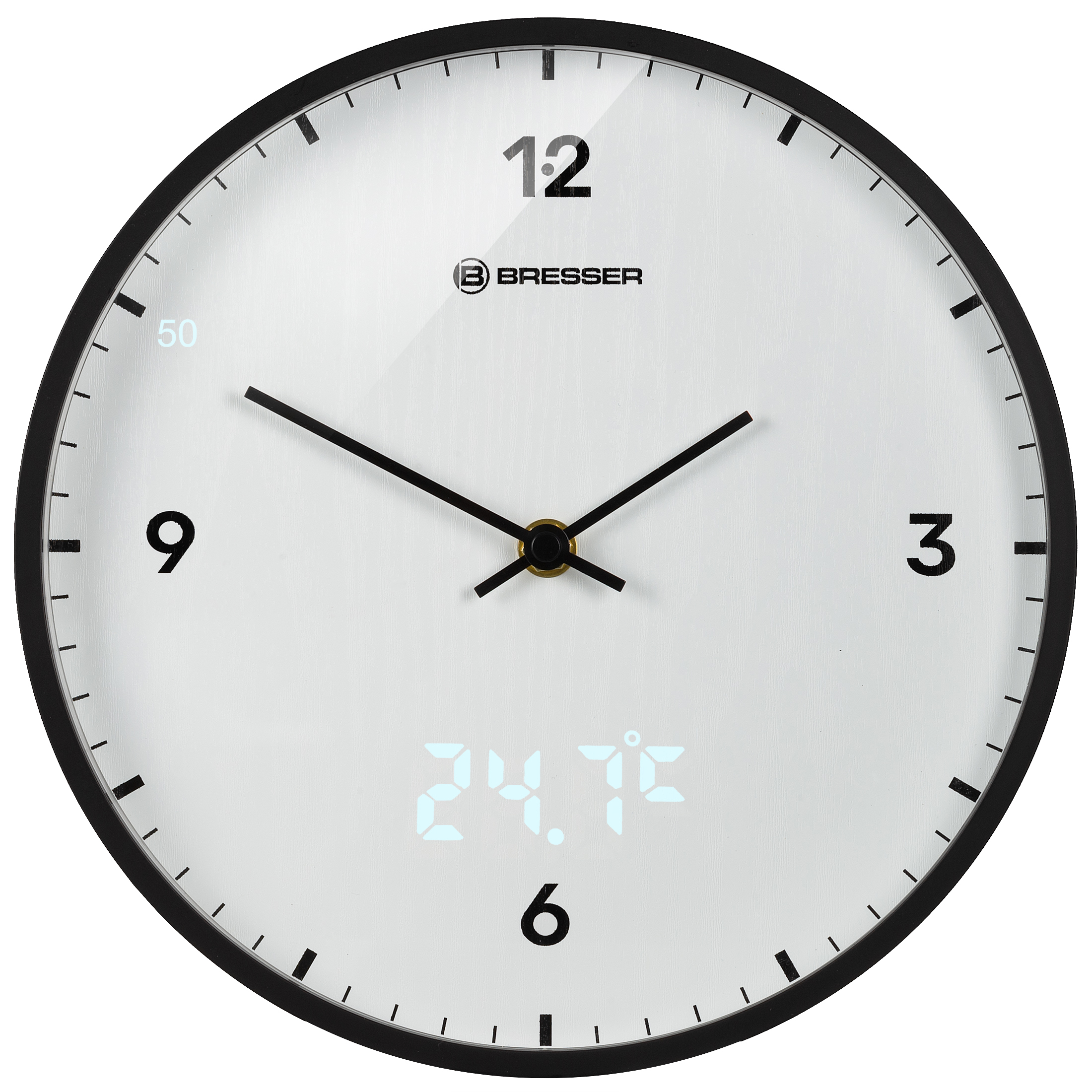 Reloj redondo con marco negro, esfera blanca, agujas negras y pantalla digital.