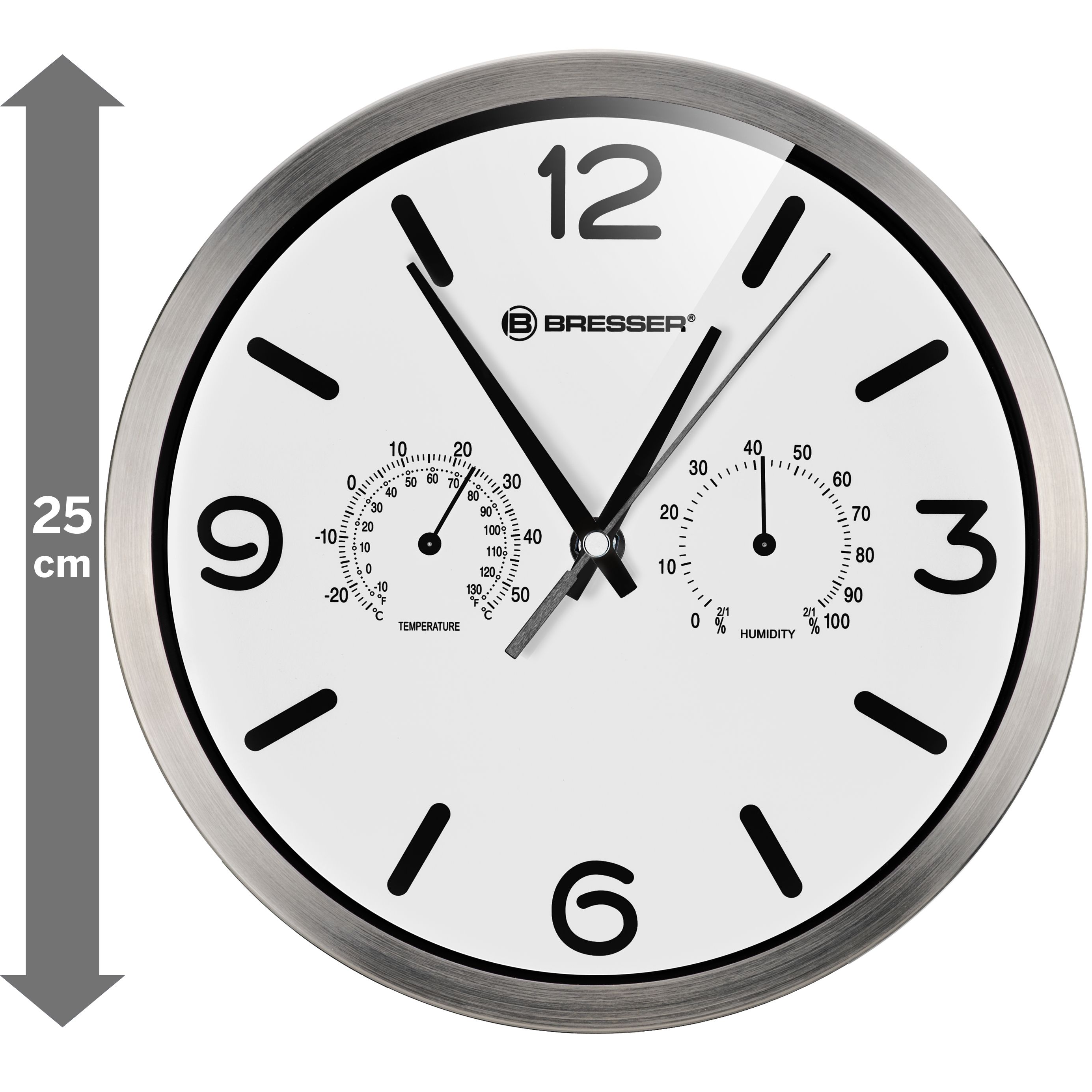 Runde silberne Bresser-Uhr mit schwarzen Zahlen und Zeigern, Temperatur- und Feuchtigkeitsskalen.