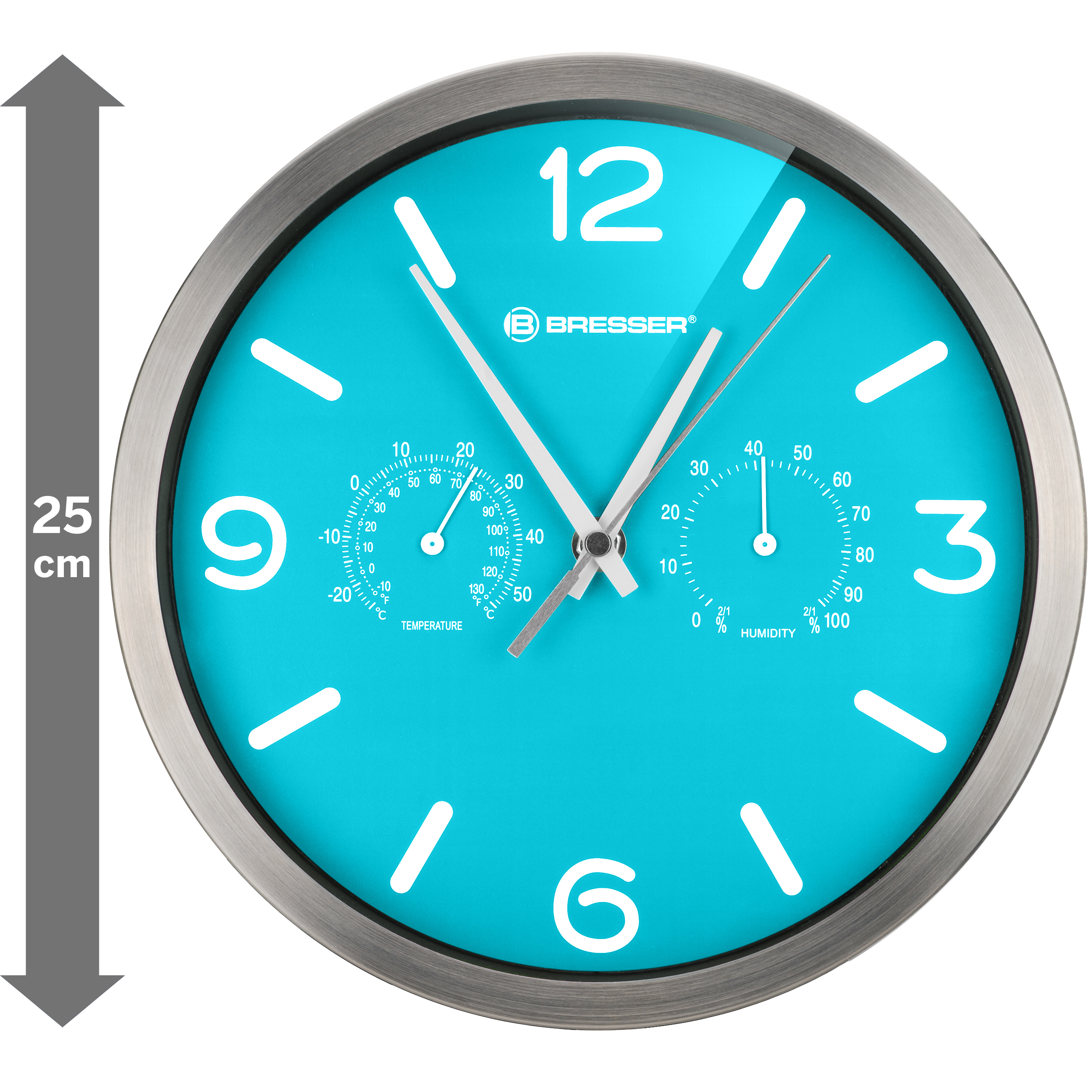 Runde Wanduhr mit blauem Zifferblatt. Sie hat Temperatur- und Feuchtigkeitsmesser.
