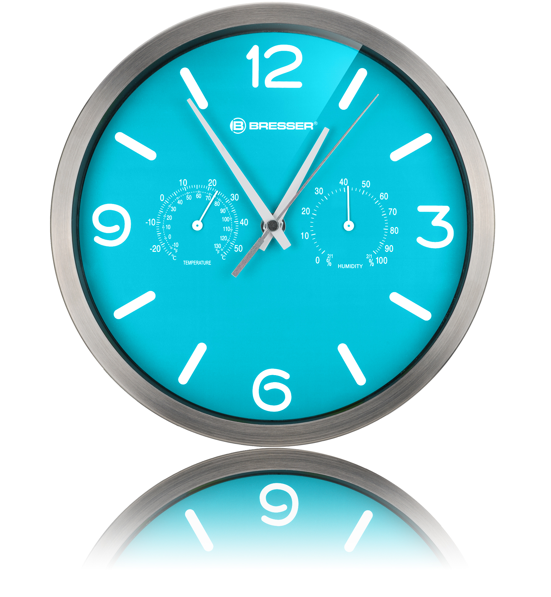 Runde analoge Uhr mit türkisfarbenem Zifferblatt, silbernem Rahmen, weißen Zahlen und Zeigern.