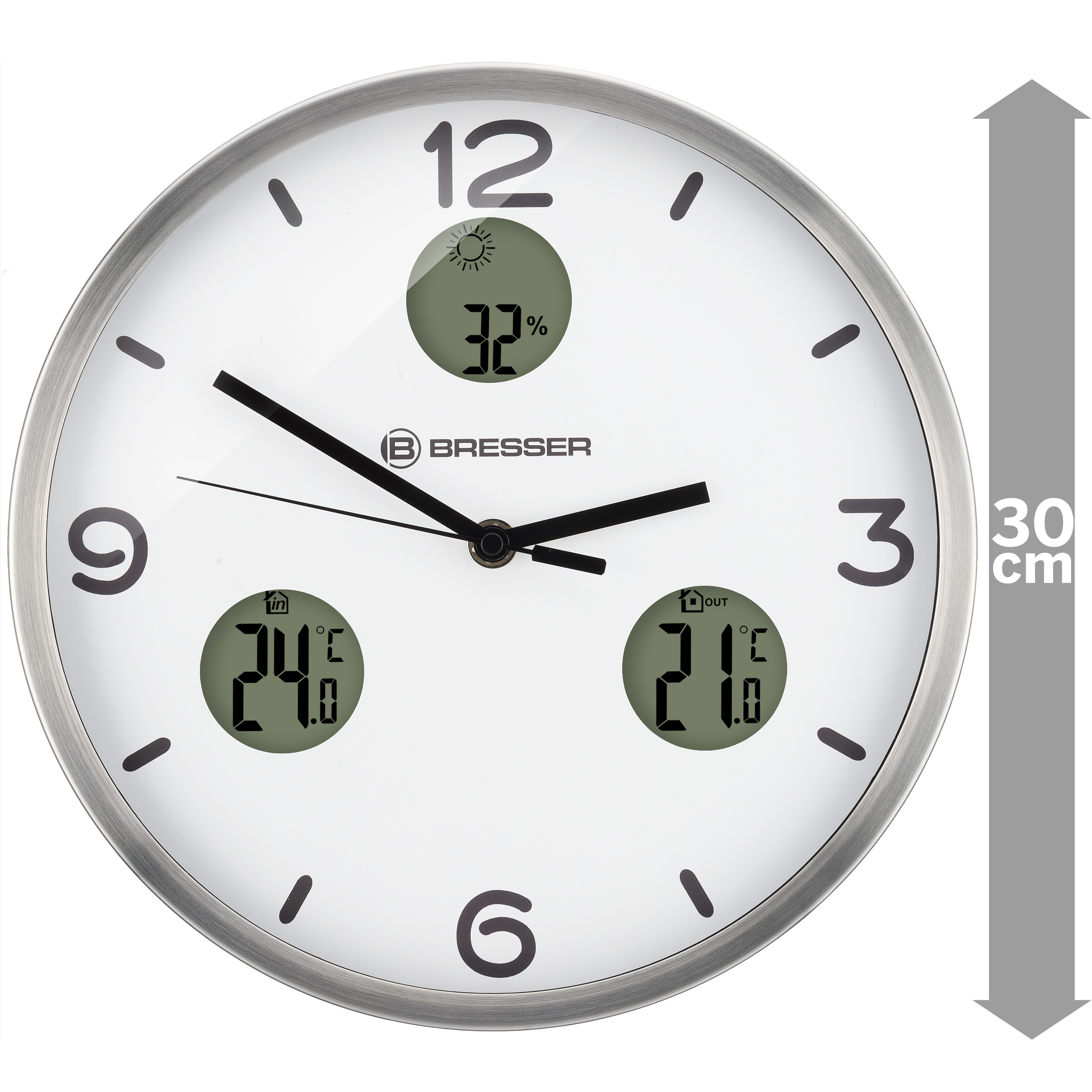 Reloj de pared redondo con esfera blanca. Muestra hora, temperatura y humedad.