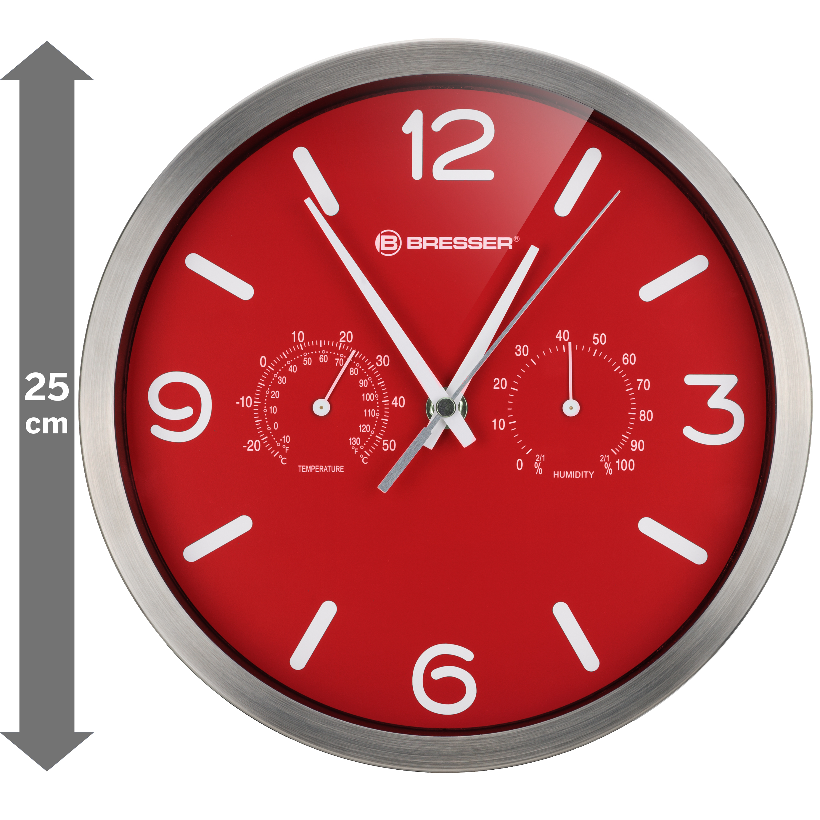 Rote Wanduhr mit weißen Zahlen und Zeigern. Silberner Rahmen. Temperatur- und Feuchtigkeitsskalen.