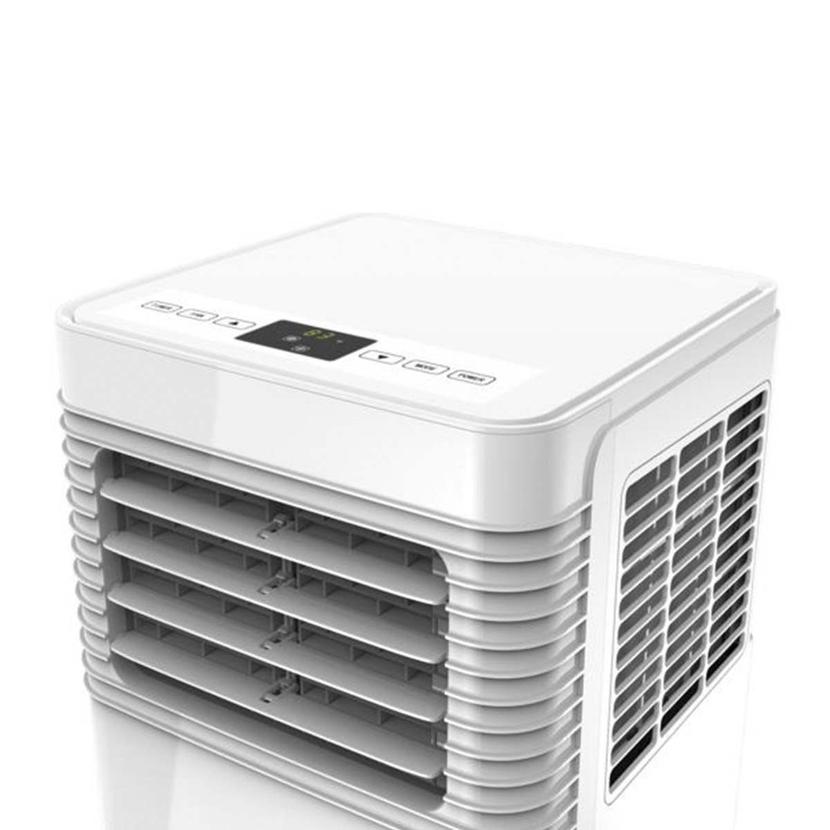 Enfriador de aire blanco sobre una superficie blanca. El enfriador tiene una pantalla digital.