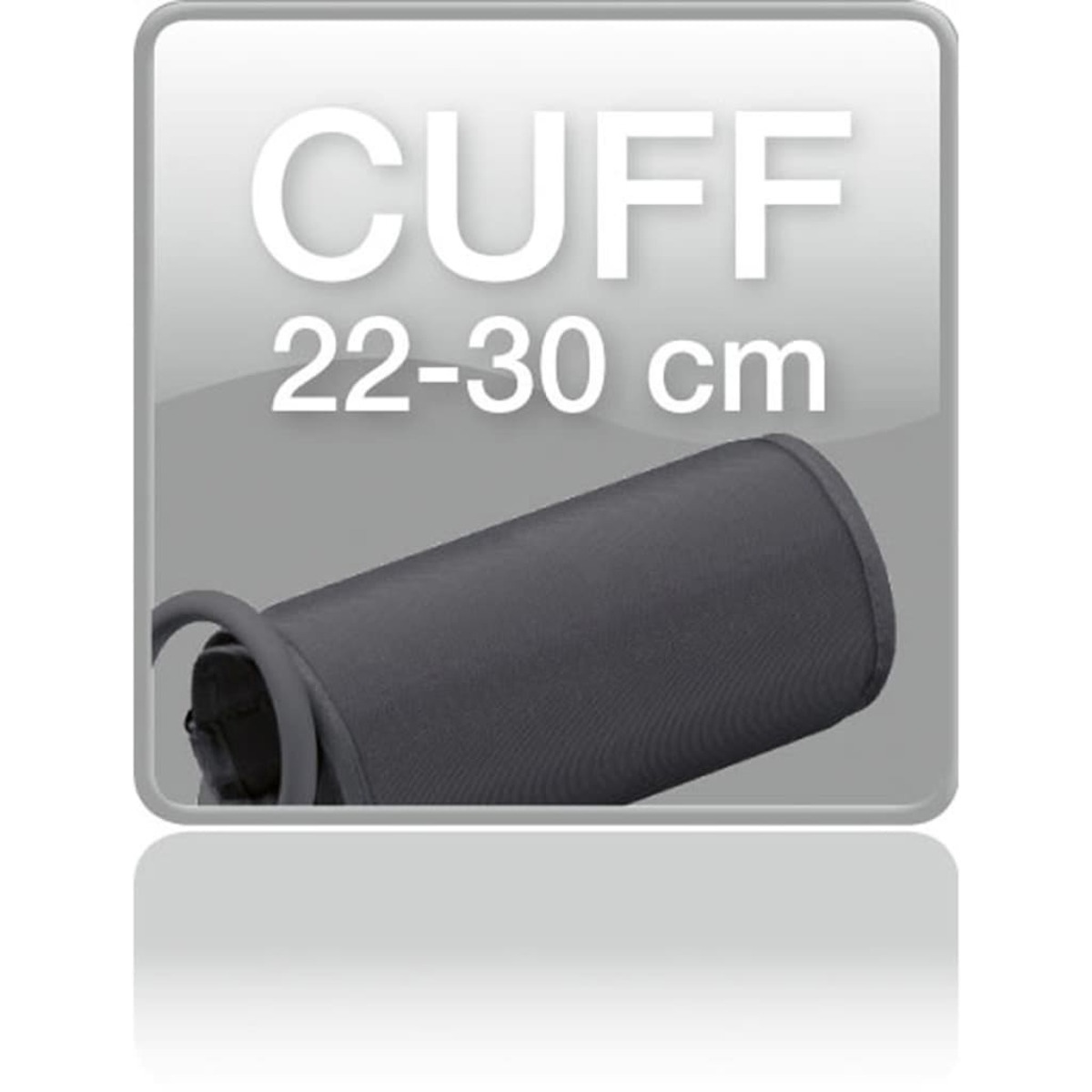Blutdruckmanschette mit Text: CUFF 22-30 cm, auf grauem Hintergrund.