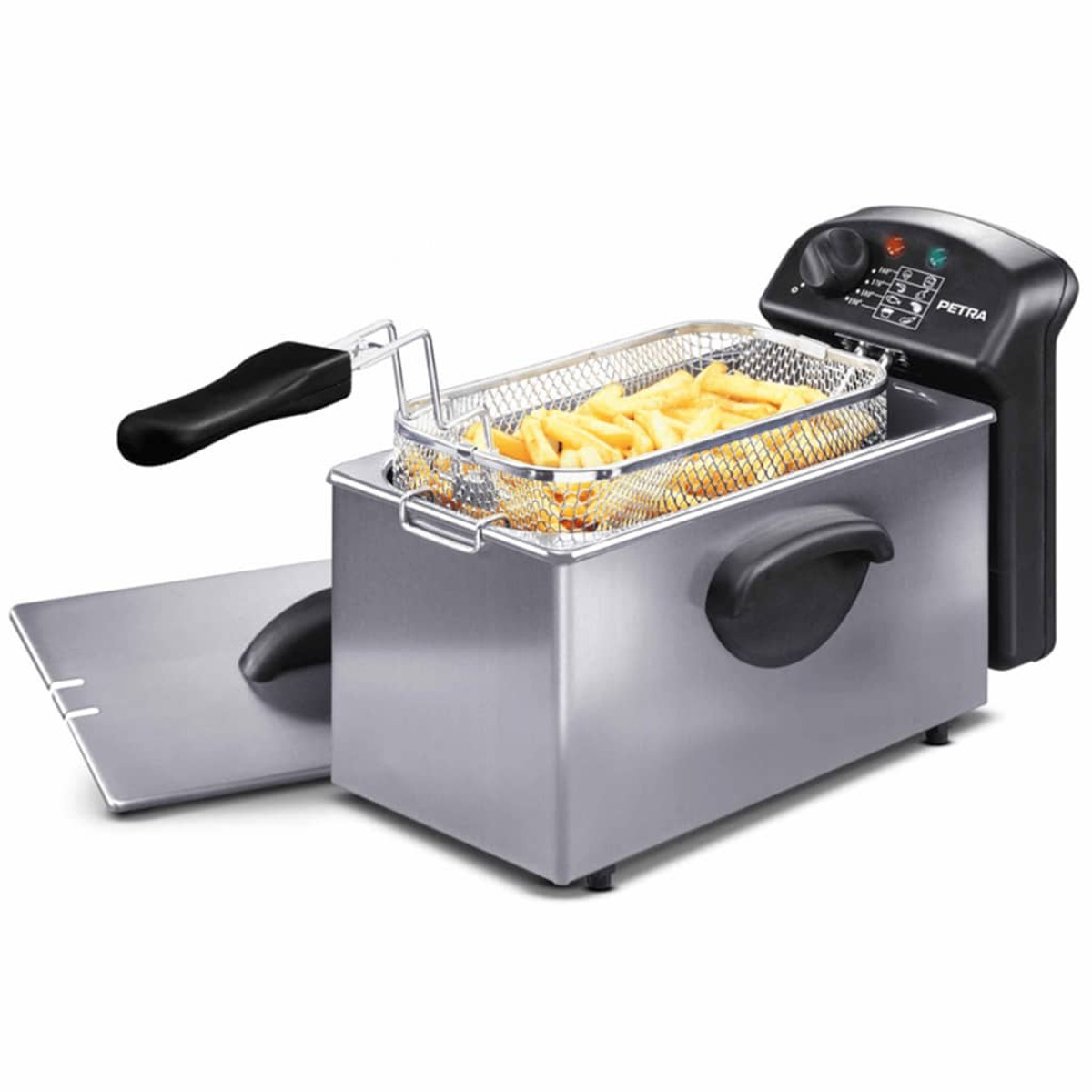 Stainless steel deep fryer with a basket of fries. Black handle. Silver lid.