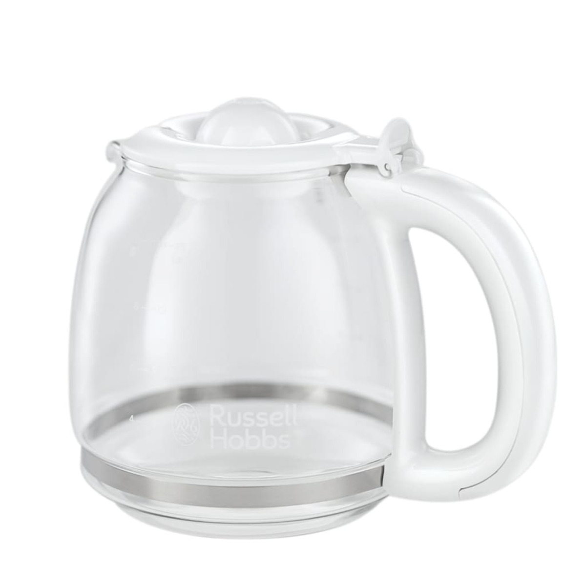 Eine transparente Kaffeekanne von Russell Hobbs mit weißem Griff und Deckel. Es hat ein klares, transparentes Aussehen.