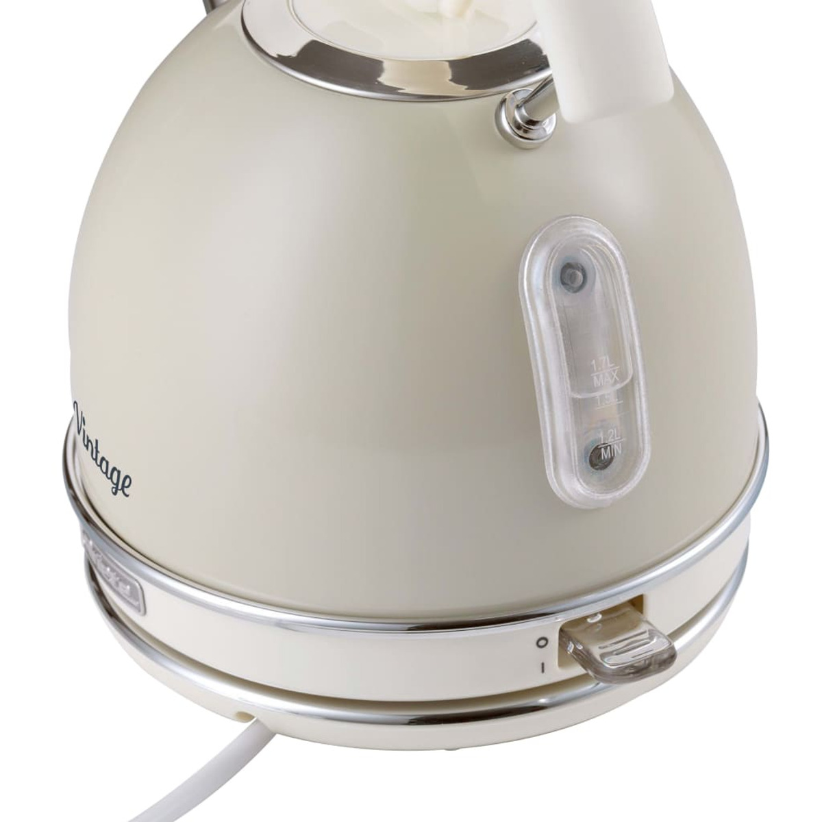 Cremefarbener elektrischer Vintage-Wasserkocher mit Wasserstandsanzeige und Schalter.