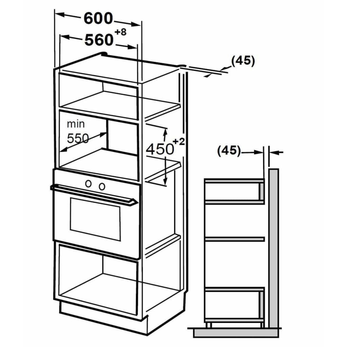 Diagramm eines Einbauofens und einer Lagereinheit, mit angegebenen Abmessungen.