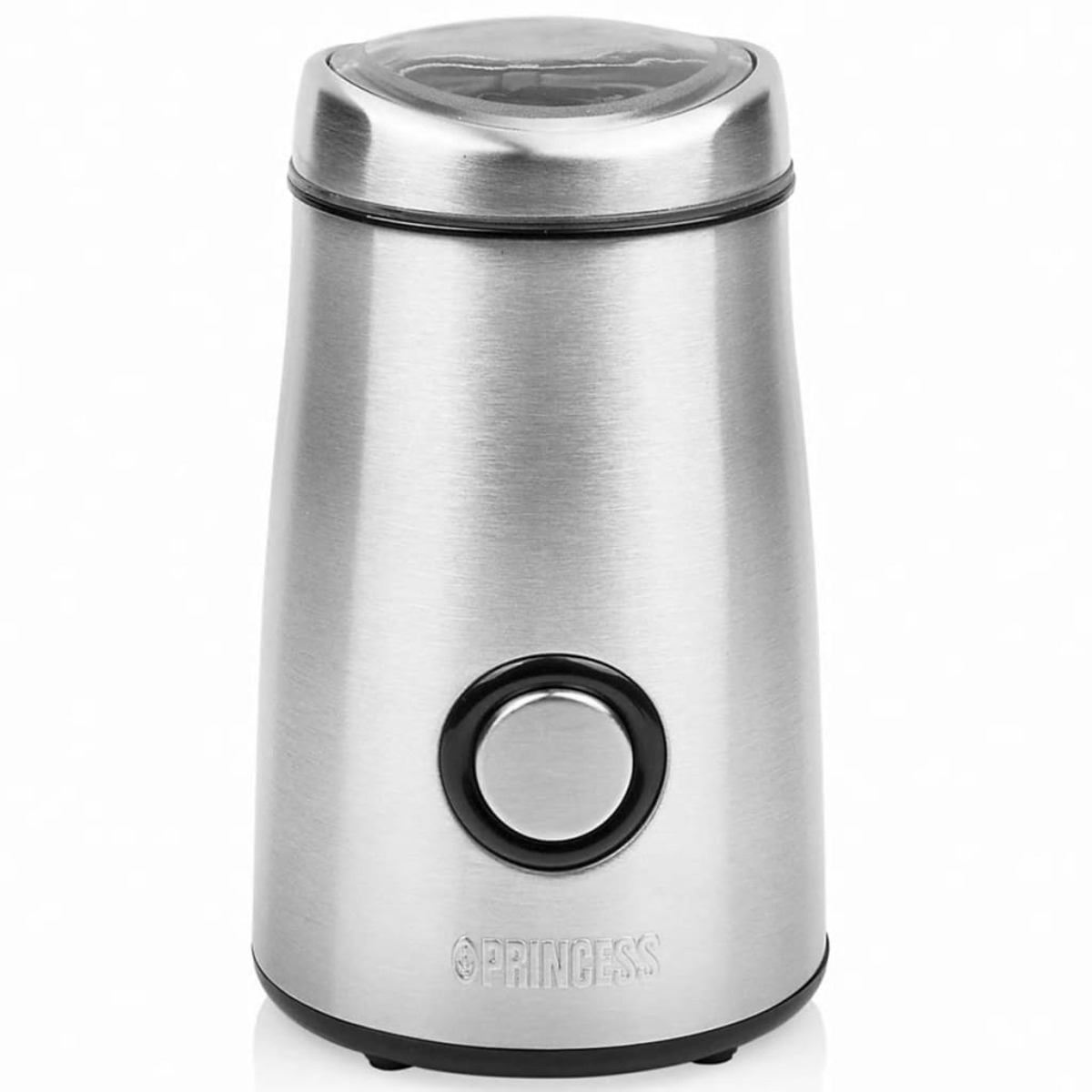 Metaliczny srebrny młynek do kawy z czarnym przyciskiem i przezroczystą pokrywą na białym tle.