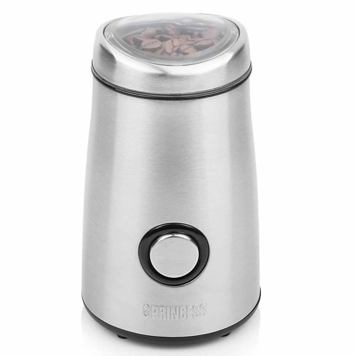 Srebrny młynek do kawy z przezroczystą pokrywą. Zawiera ziarna kawy. Czarny przycisk.