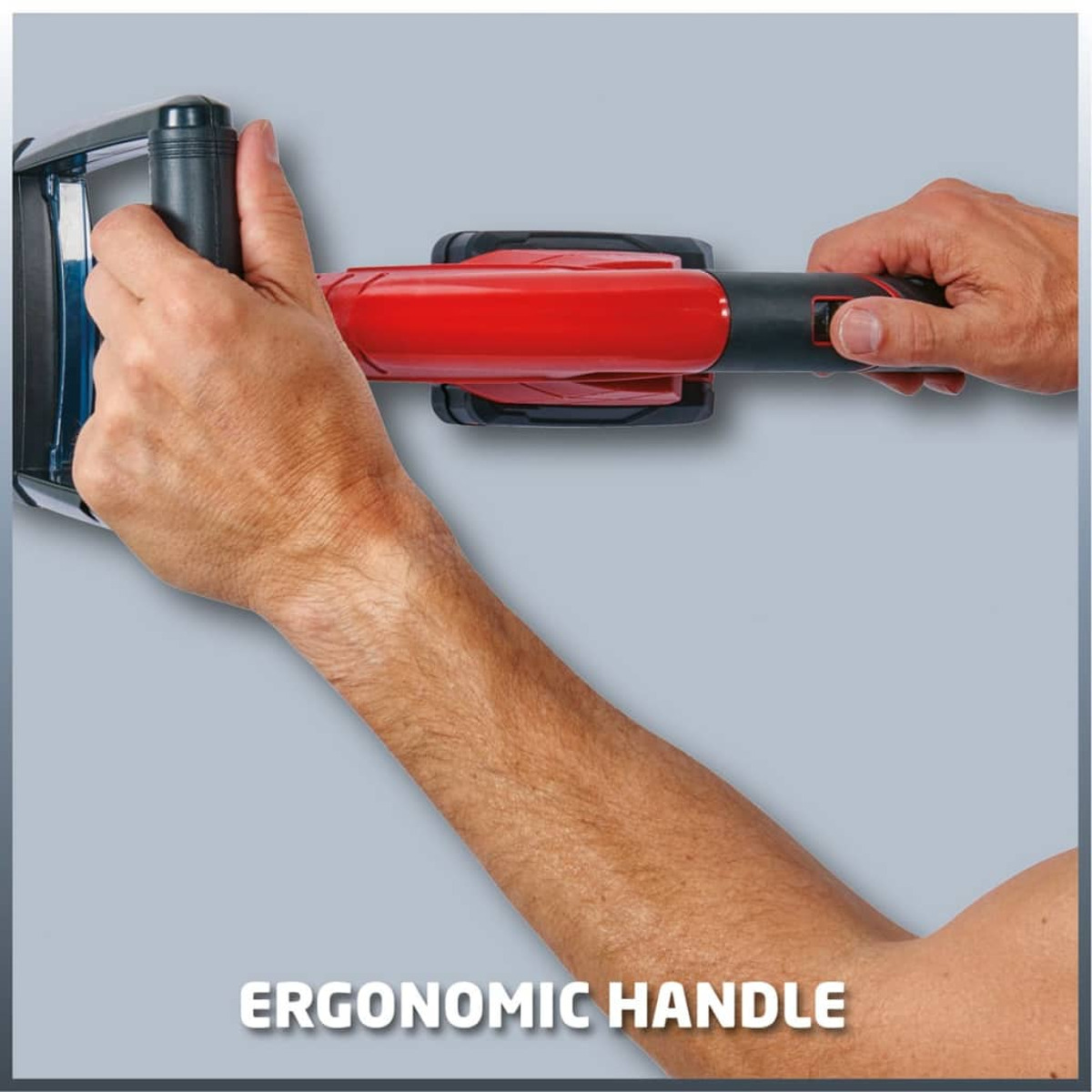 Mani che usano uno strumento rosso e nero, testo: IMPUGNATURA ERGONOMICA.