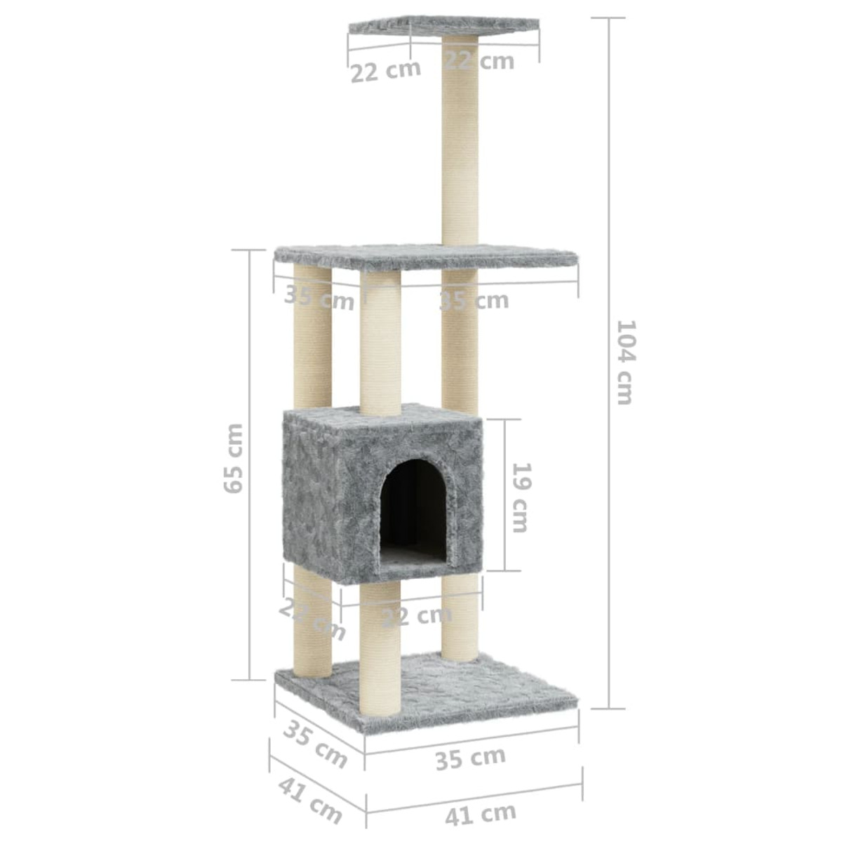 Ein Katzenbaum mit mehreren Ebenen, darunter ein Haus, Plattformen und Kratzbäume. Abmessungen sind angegeben.