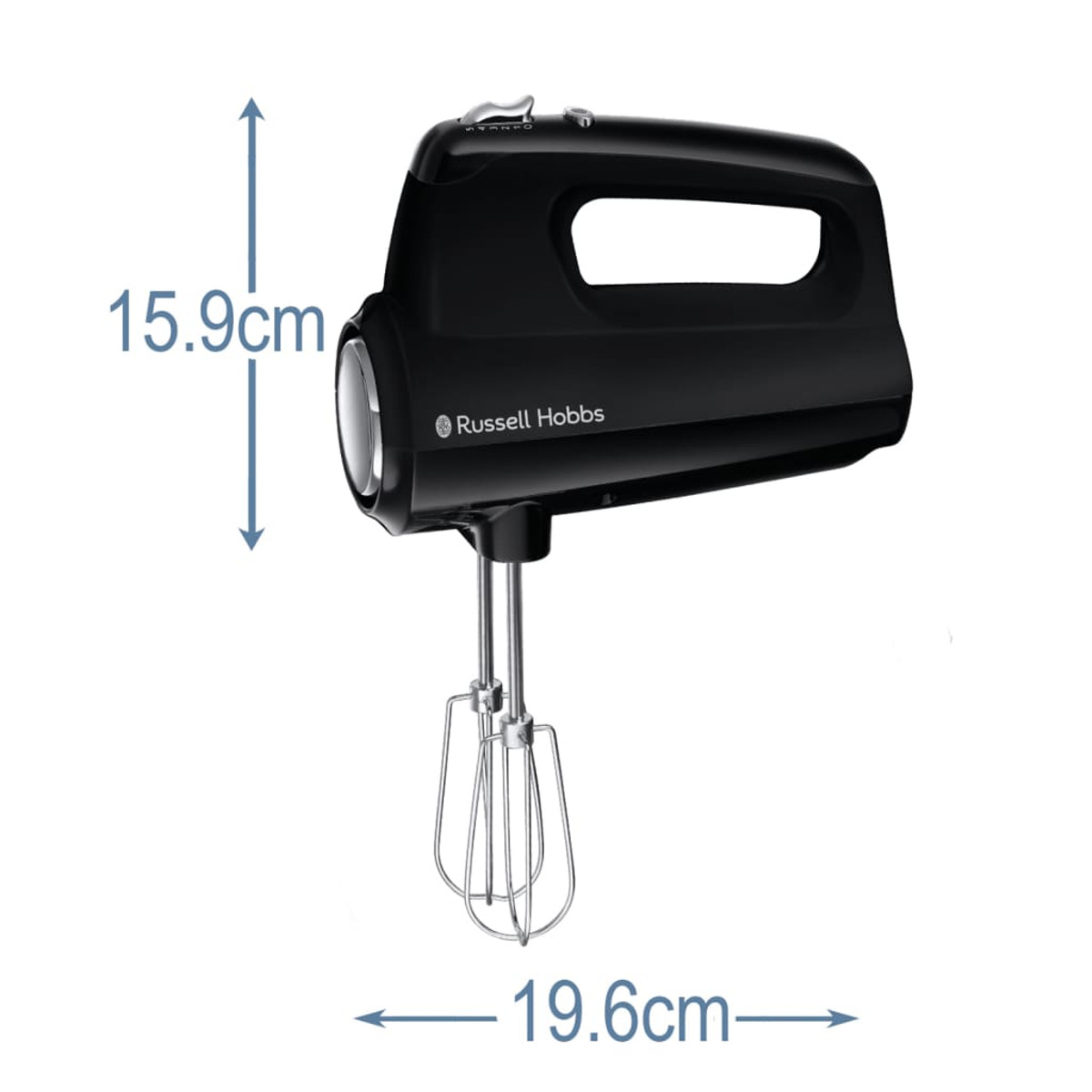 Batteur à main noir, avec étiquettes de dimensions 15,9 cm et 19,6 cm, sur fond blanc.