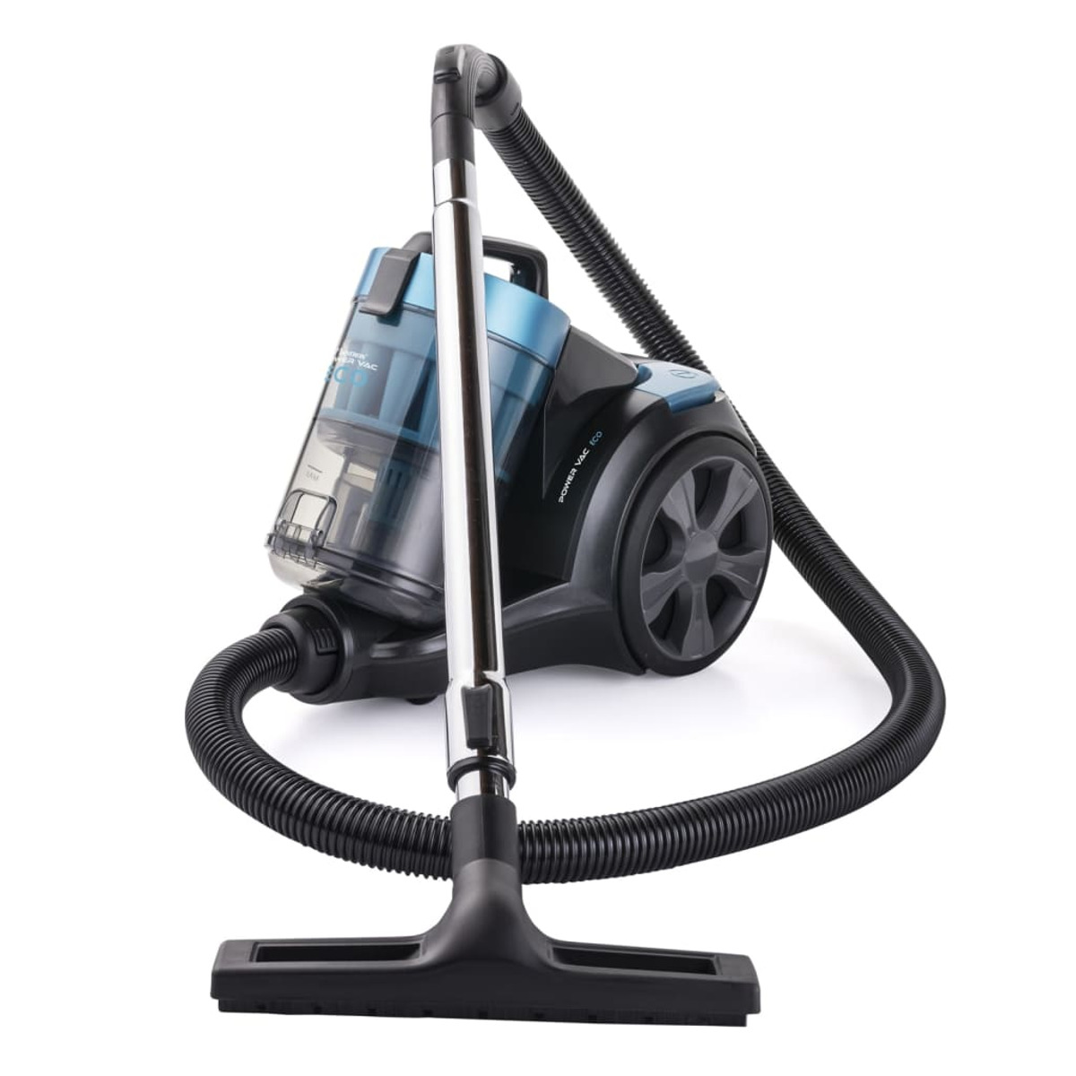 Czarny i niebieski odkurzacz z długim, elastycznym wężem i szczotką do podłóg, na białym tle.