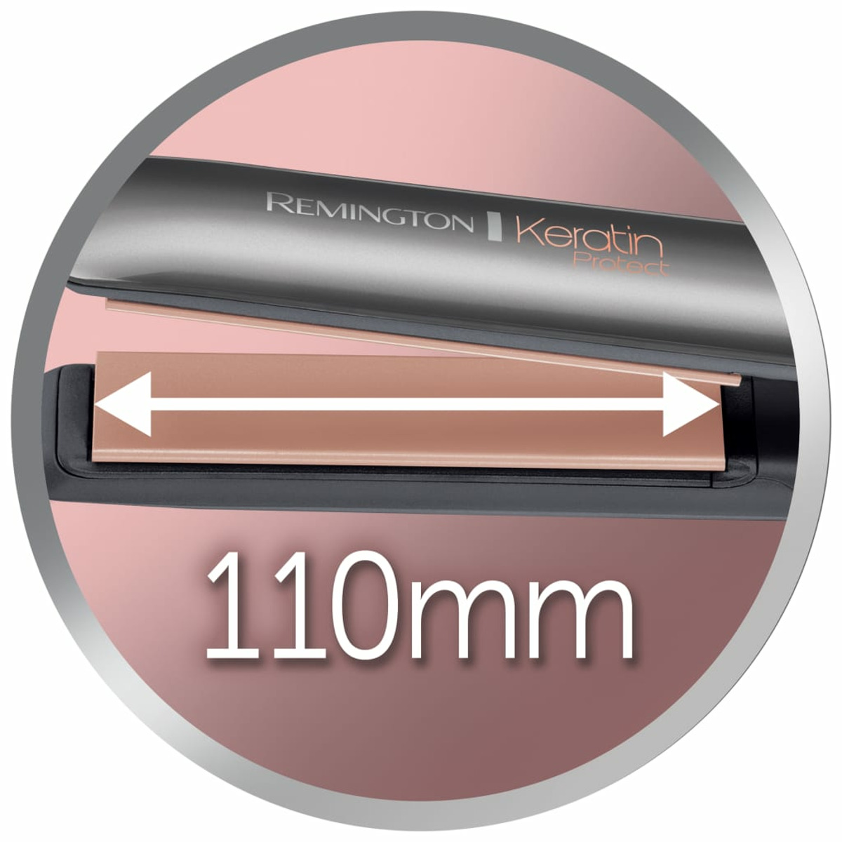 Nahaufnahme eines Remington Keratin Protect Glätteisens. Zeigt die Platten und die Abmessungen.