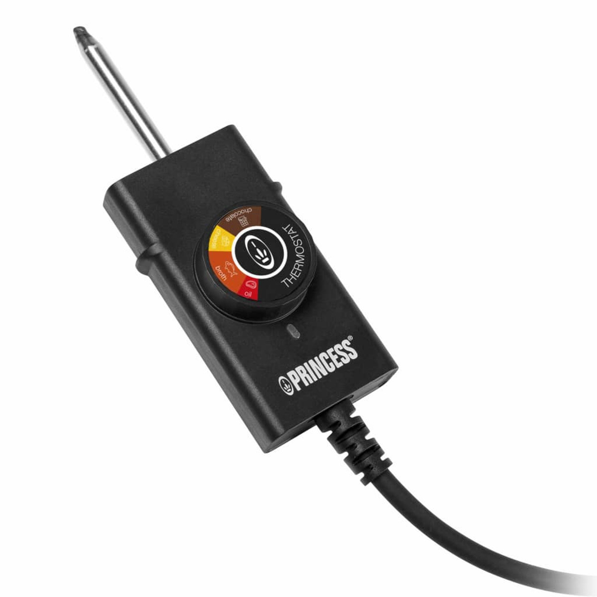 Czarny regulator termostatu do frytkownicy. Widoczna nazwa marki Princess.