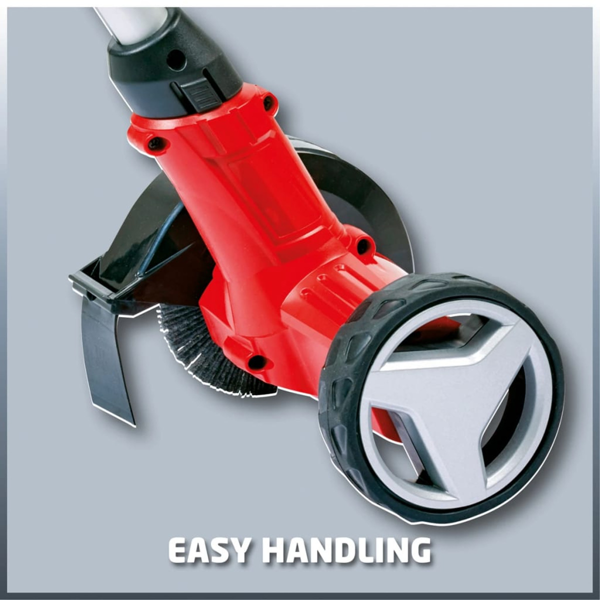 Ein rot-schwarzer Rasenkantenschneider mit Rad und dem Text 'EASY HANDLING' auf grauem Hintergrund.