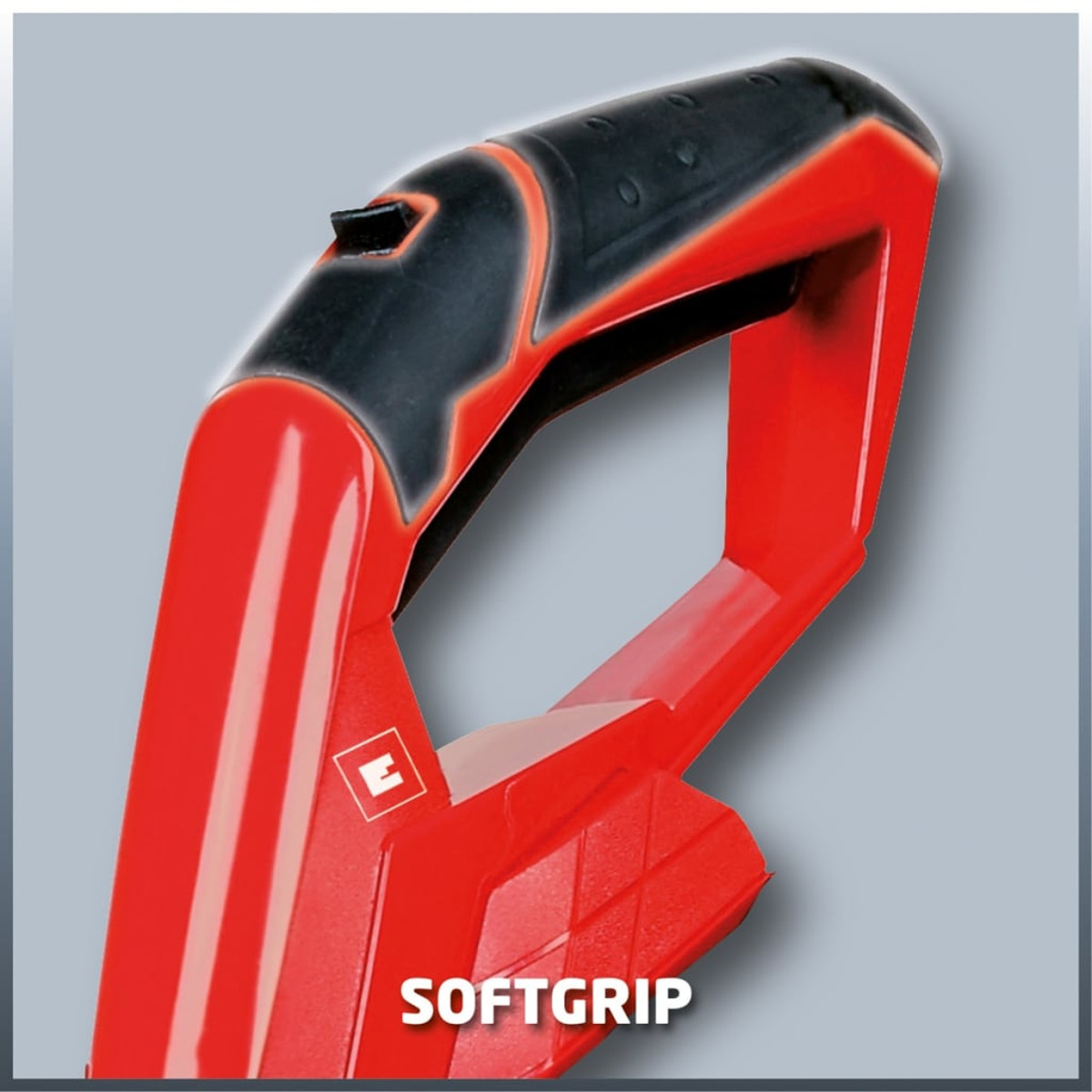 Roter und schwarzer Elektrowerkzeuggriff mit der Aufschrift 'SOFTGRIP'.