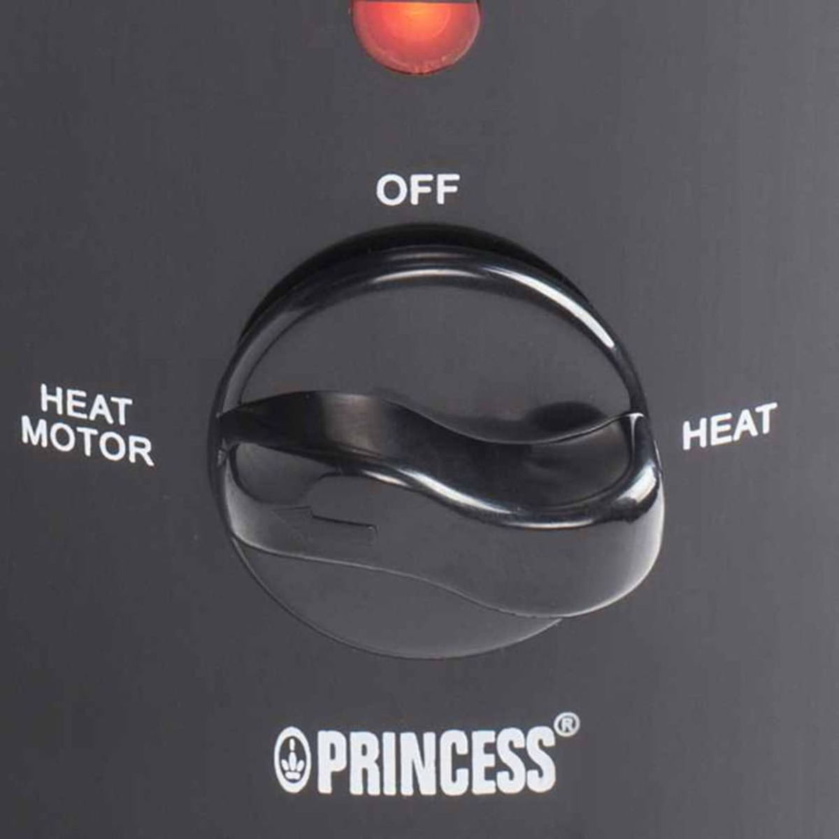 Schwarzer Drehregler mit den Texten 'AUS', 'HEIZUNG' und 'HEIZMOTOR'. Princess-Logo.