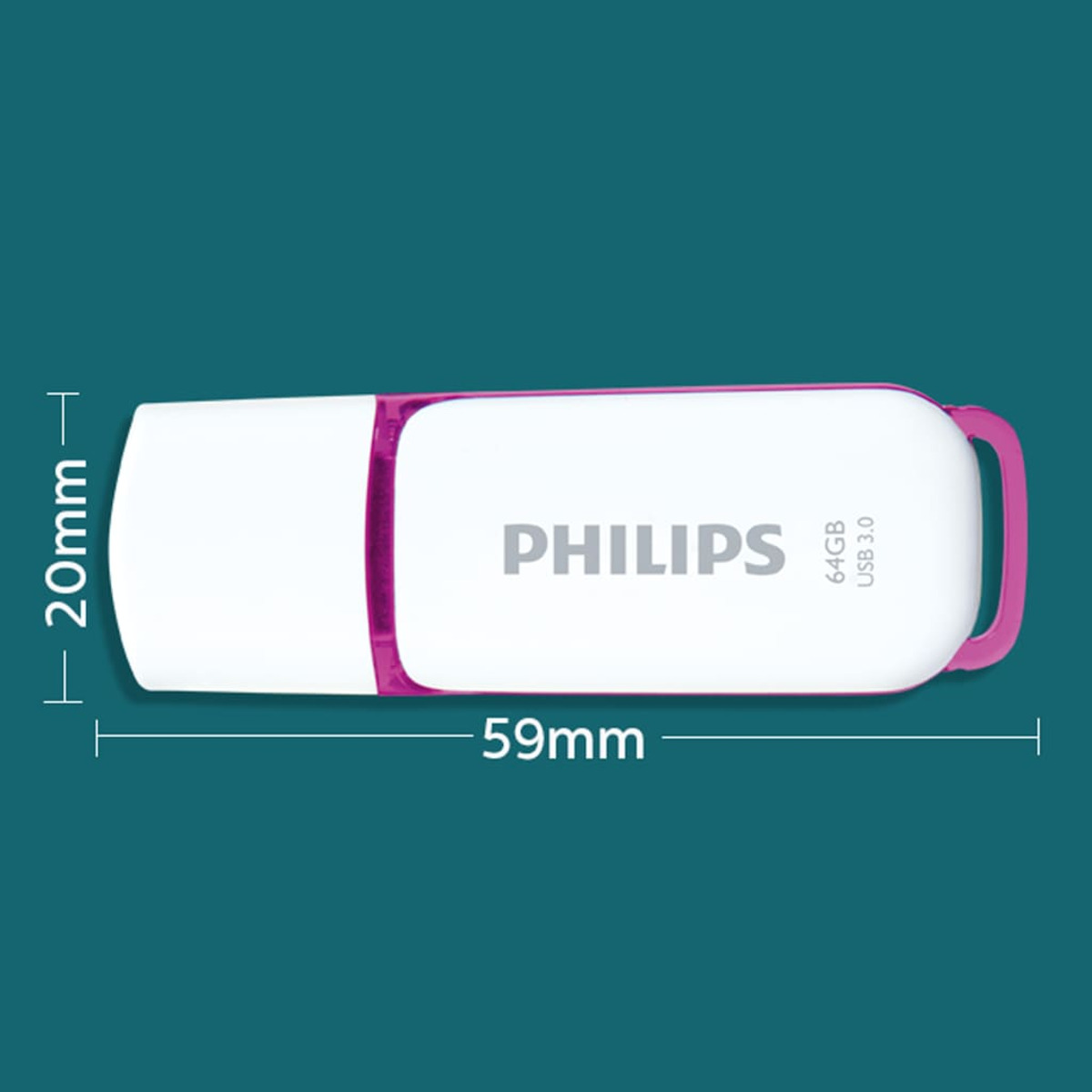 Biało-różowy pendrive USB, o wymiarach 20 mm x 59 mm. Zielone tło.