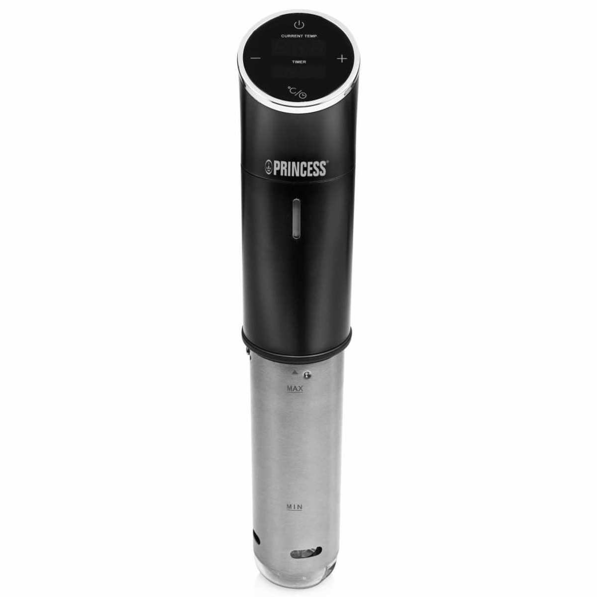 Circulador de inmersión sous vide negro y plateado. Pantalla y base de acero inoxidable.