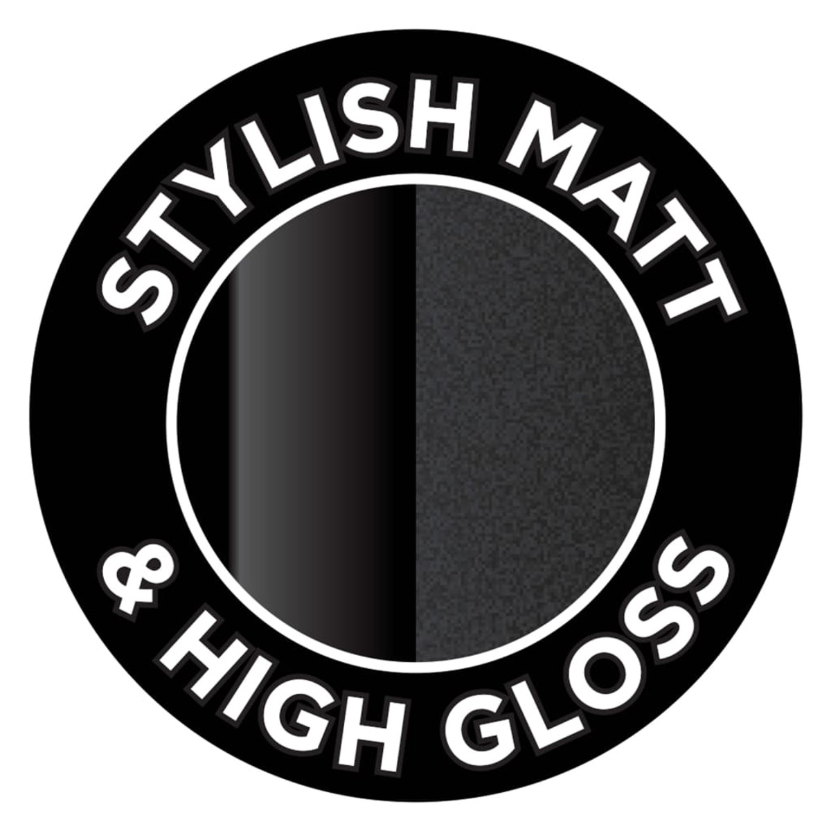 Logotipo en blanco y negro con texto: Stylish Matt & High Gloss. El logotipo es circular.