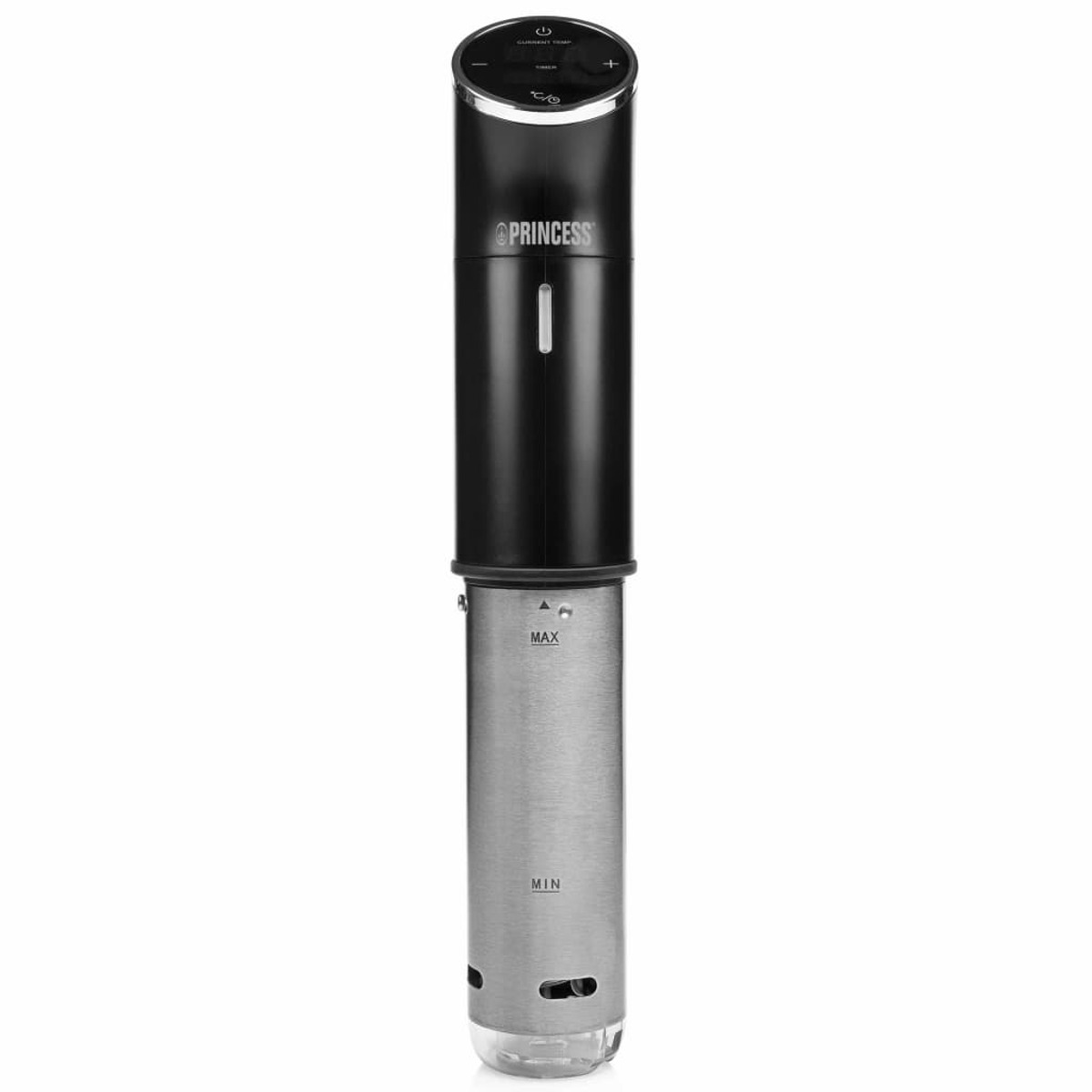 Circulador de inmersión sous vide Princess negro y plateado, con pantalla digital y diseño elegante.