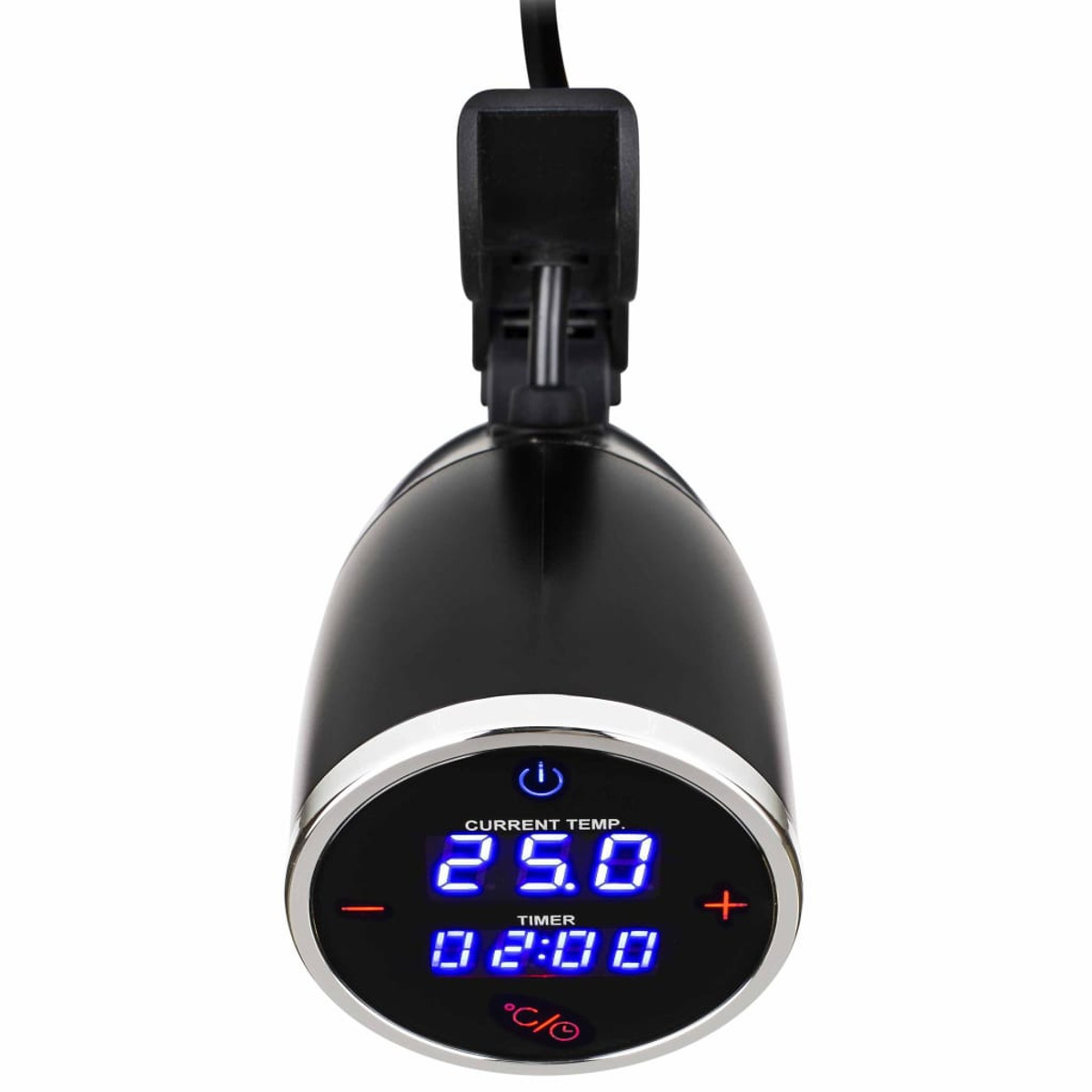 Dispositivo negro con pantalla digital que muestra temperatura y temporizador, con botones.