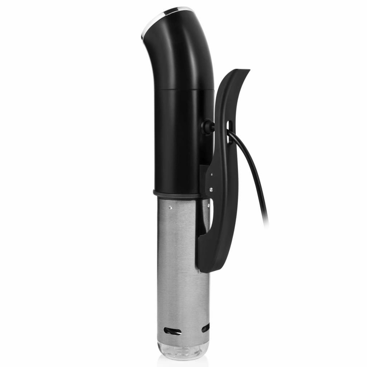 Un circulador de inmersión sous vide negro con una parte inferior plateada.