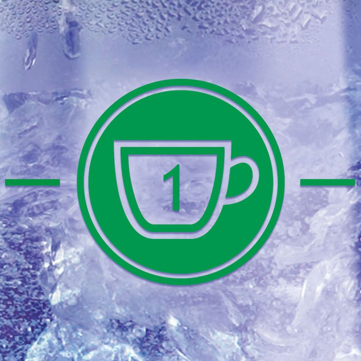 Ein grüner Kreis mit einem weißen Tassensymbol und der Zahl 1 auf eisigem Hintergrund.