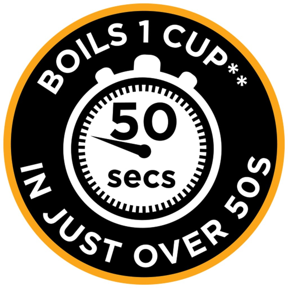 Black and yellow label showing a timer, text: Boils 1 cup in just over 50 seconds.
